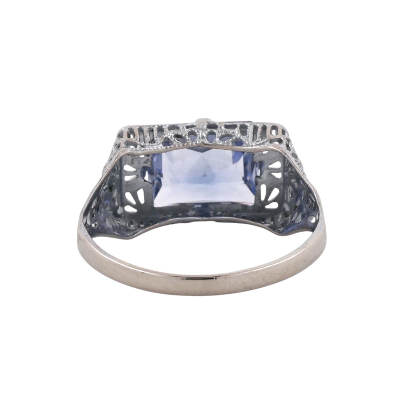 10K Two-Tone Gold 2.40CT Emerald Cut Blue Sapphire Filigree Art Deco Style Ring