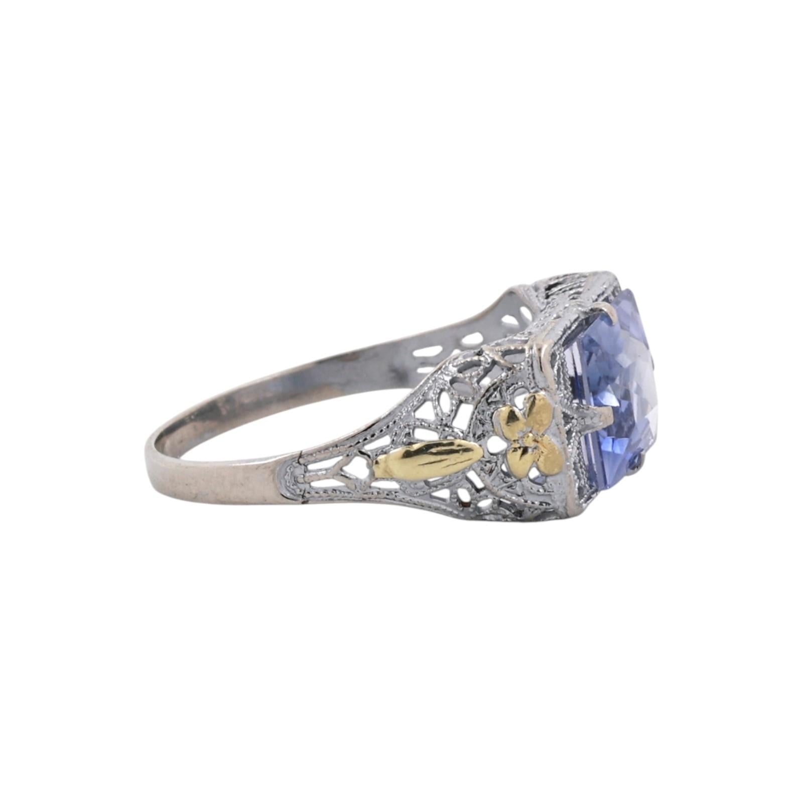 10K Two-Tone Gold 2.40CT Emerald Cut Blue Sapphire Filigree Art Deco Style Ring
