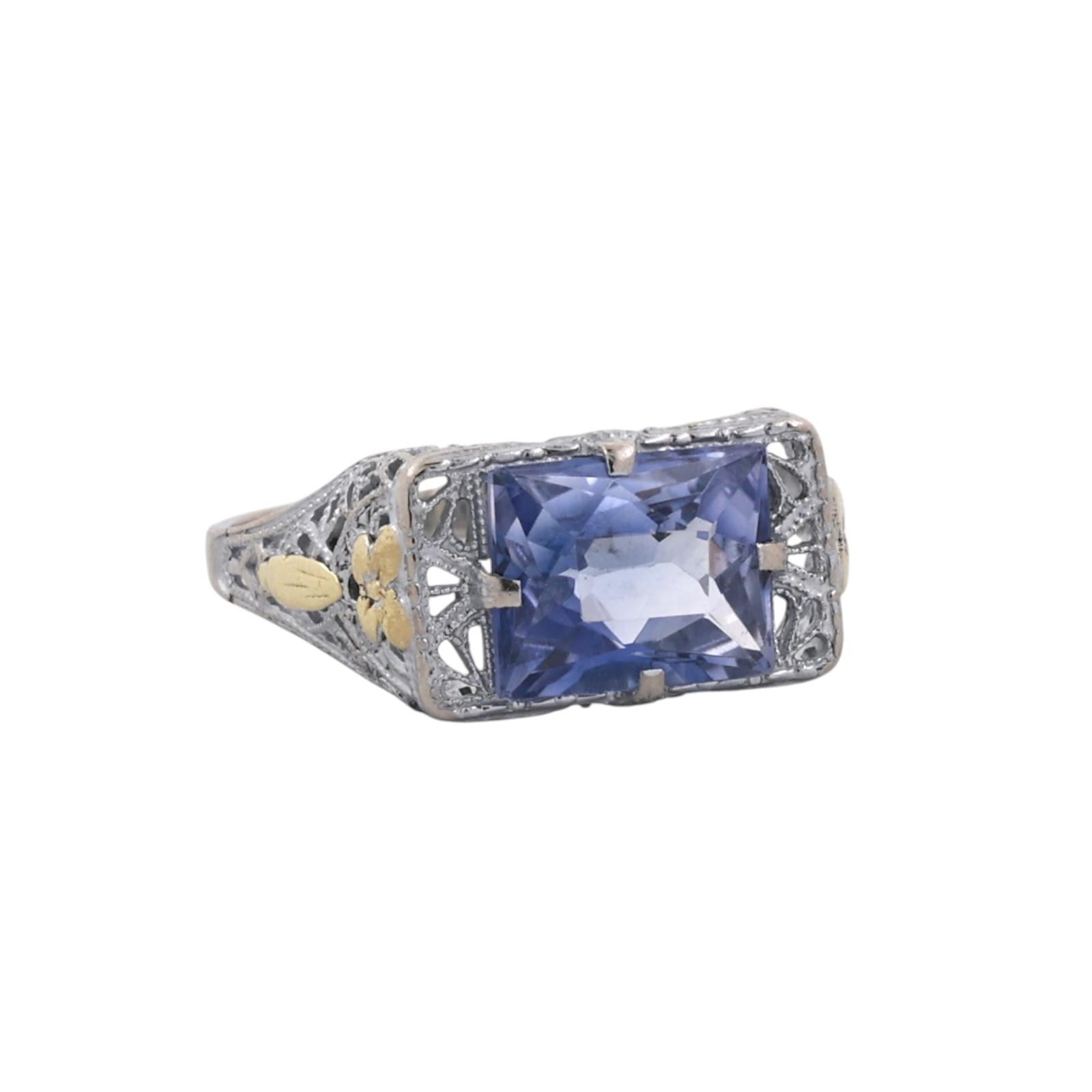 10K Two-Tone Gold 2.40CT Emerald Cut Blue Sapphire Filigree Art Deco Style Ring