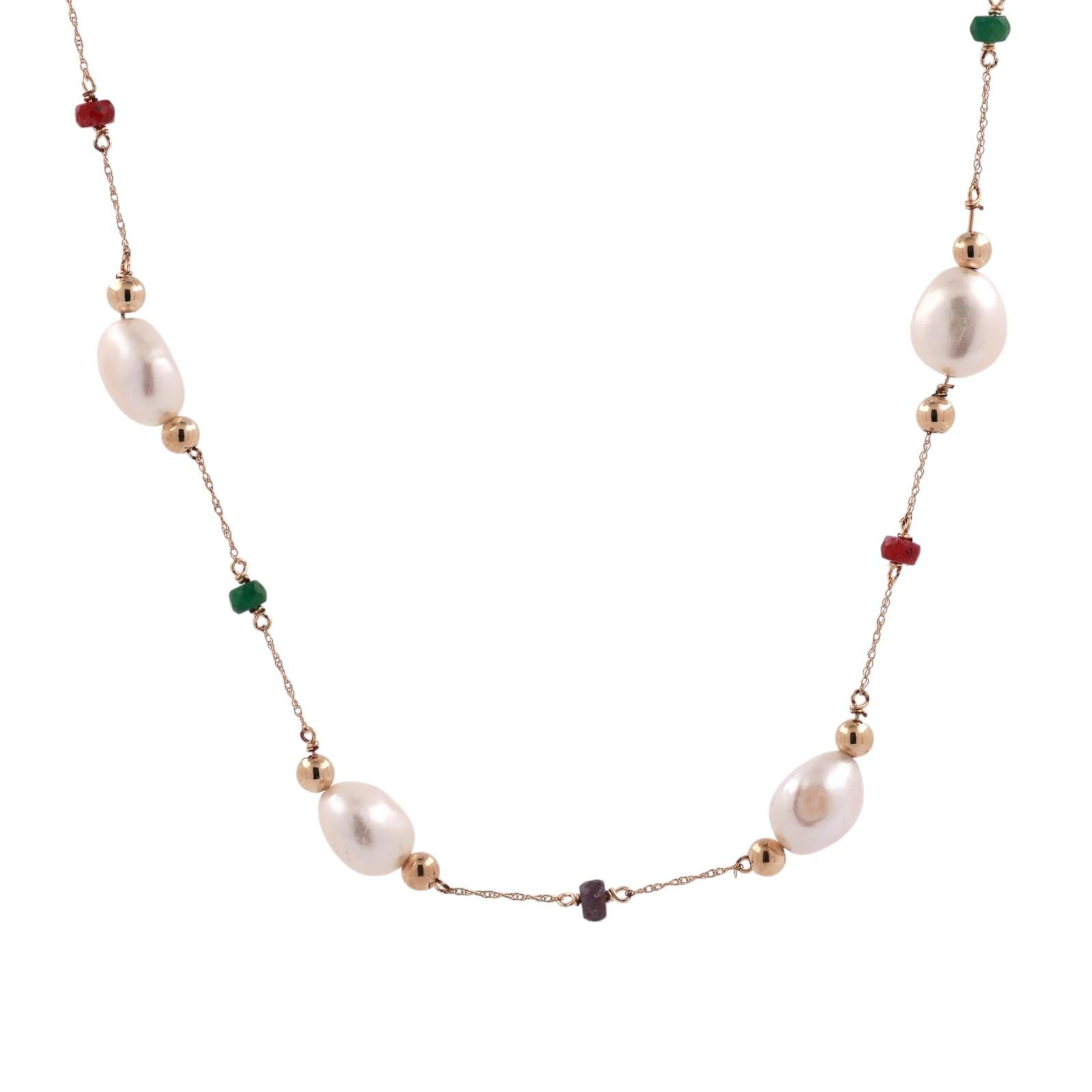 14K Yellow Gold Freshwater Pearl Emerald Ruby Sapphire Station Necklace 18.25"