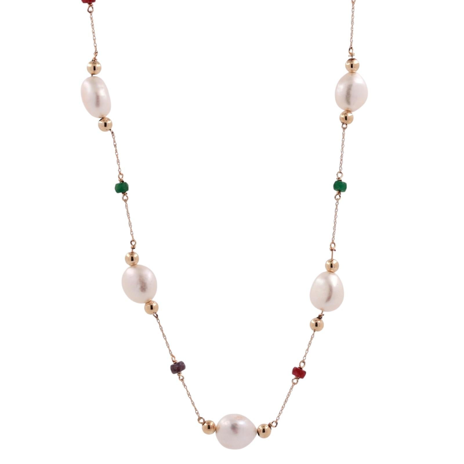 14K Yellow Gold Freshwater Pearl Emerald Ruby Sapphire Station Necklace 18.25"