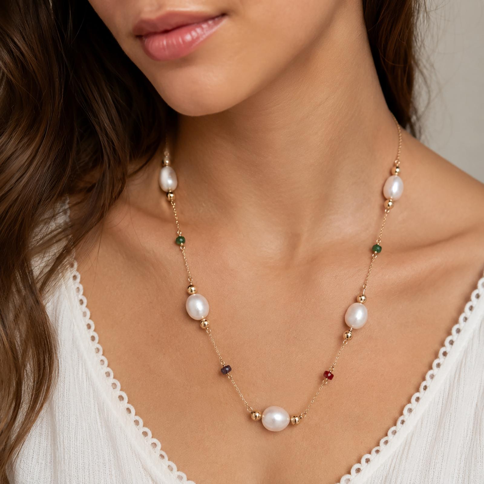 14K Yellow Gold Freshwater Pearl Emerald Ruby Sapphire Station Necklace 18.25"
