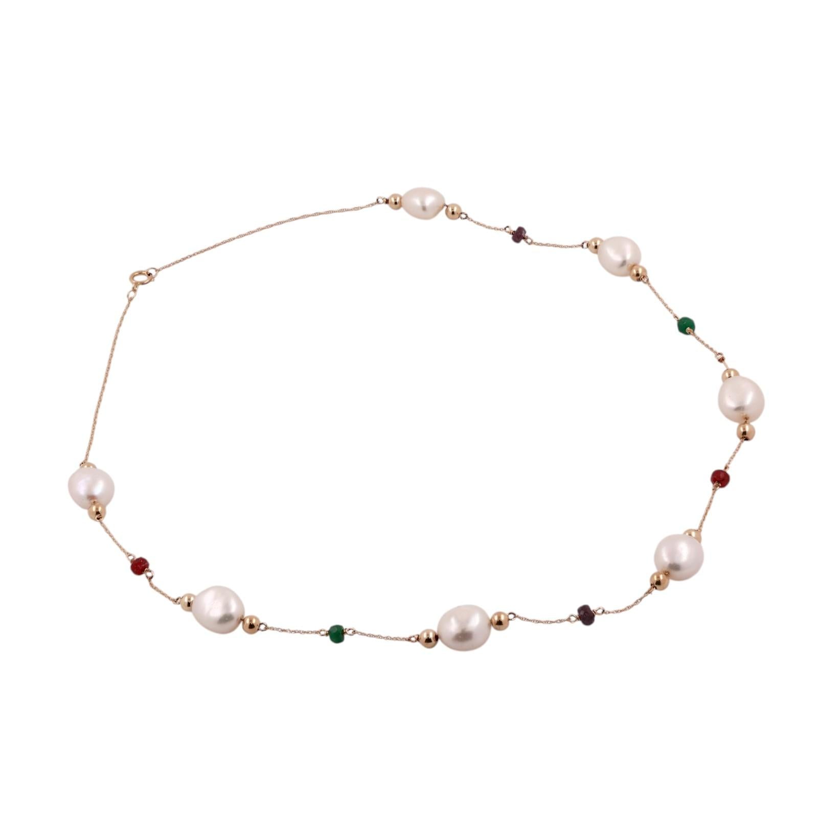 14K Yellow Gold Freshwater Pearl Emerald Ruby Sapphire Station Necklace 18.25"