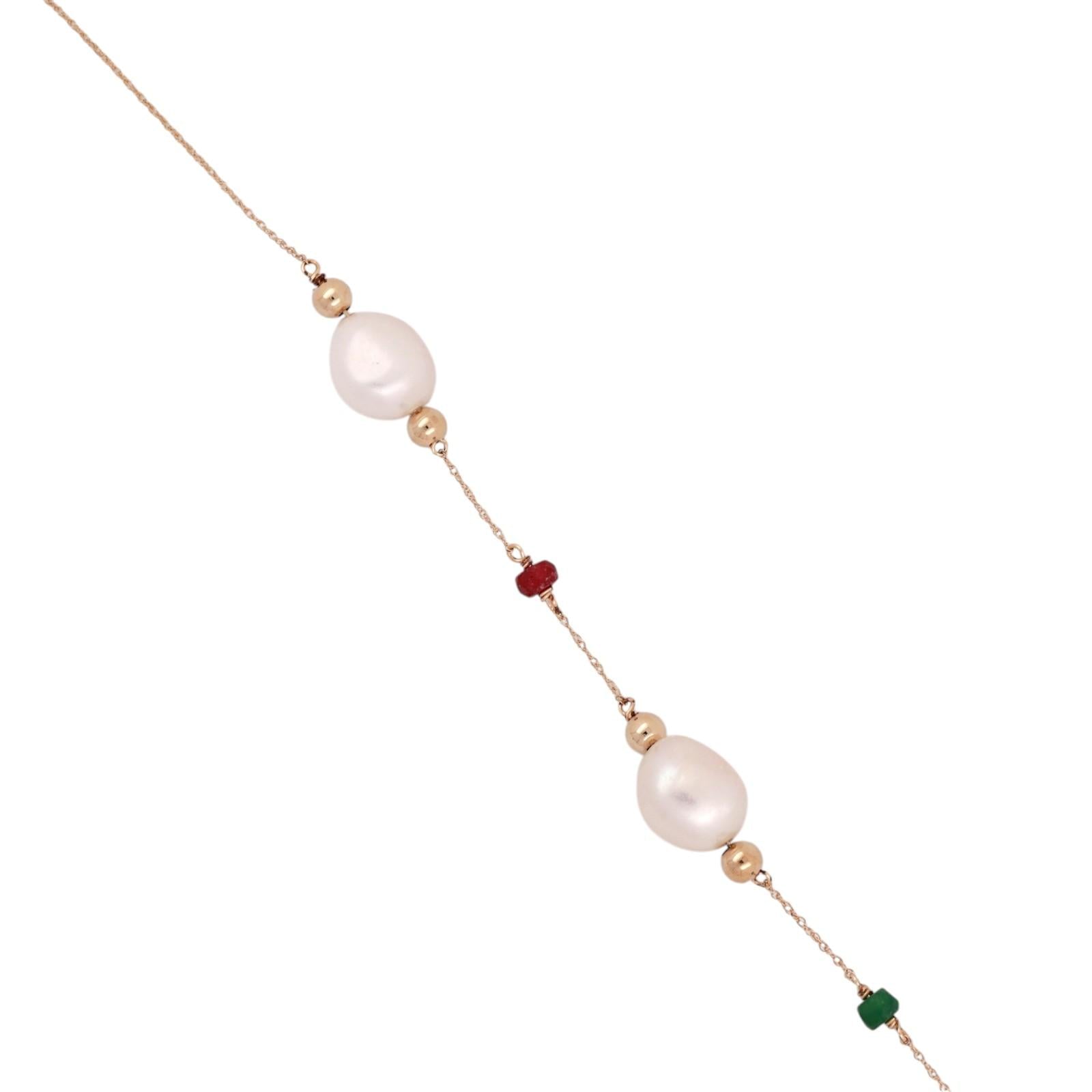 14K Yellow Gold Freshwater Pearl Emerald Ruby Sapphire Station Necklace 18.25"