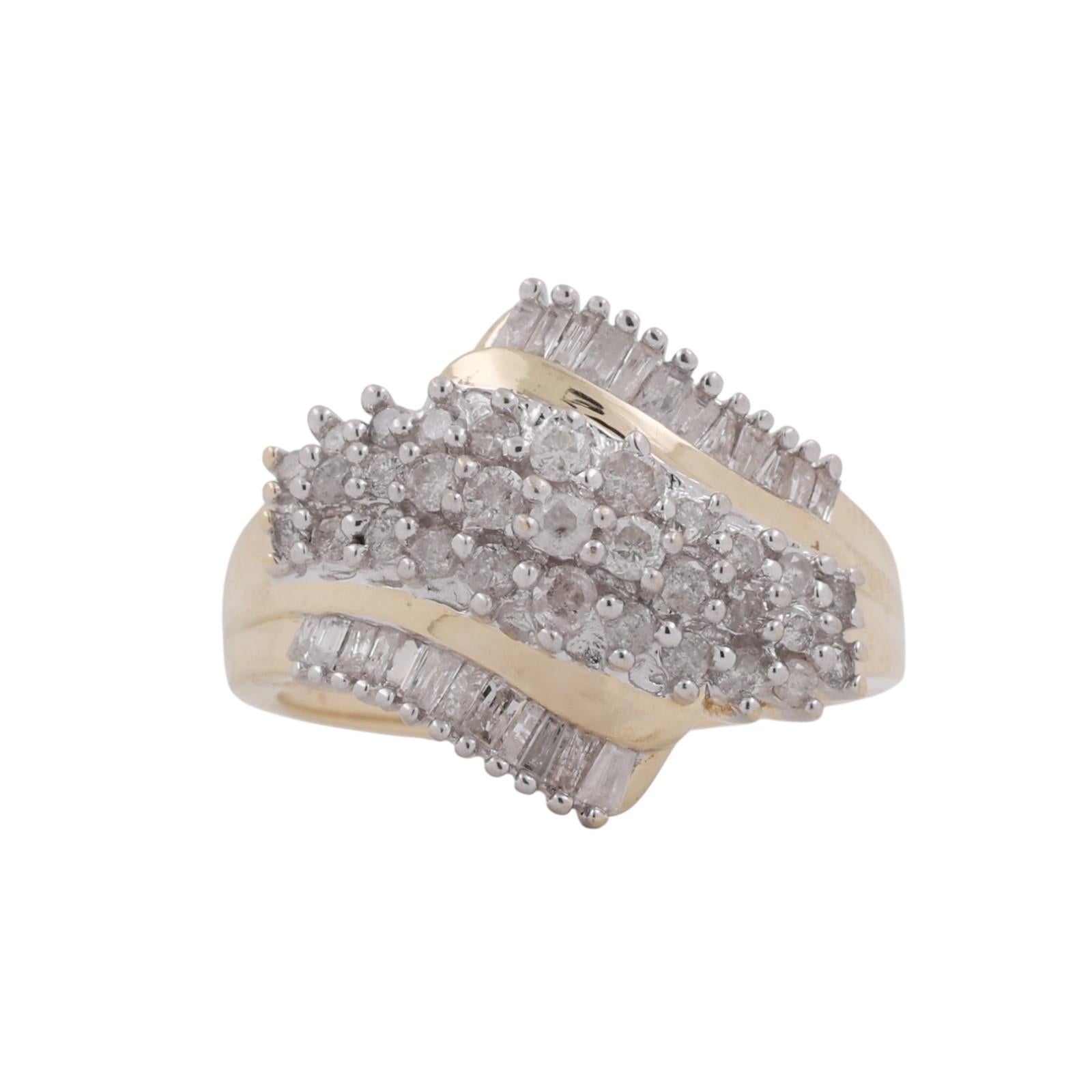 10K Two Tone Gold Diamond Ring 1.00CTW Round & Baguette Cluster Size 9