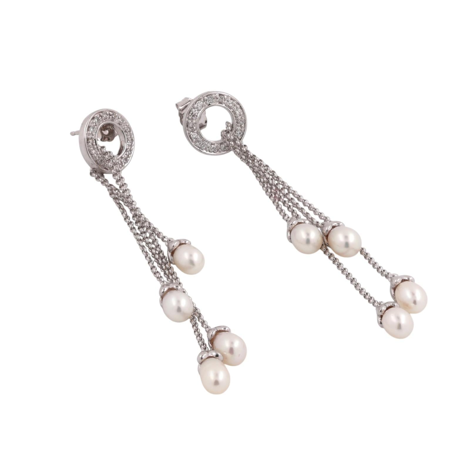 14K White Gold Diamond Circle Freshwater Pearl Multi-Strand Dangle Earrings