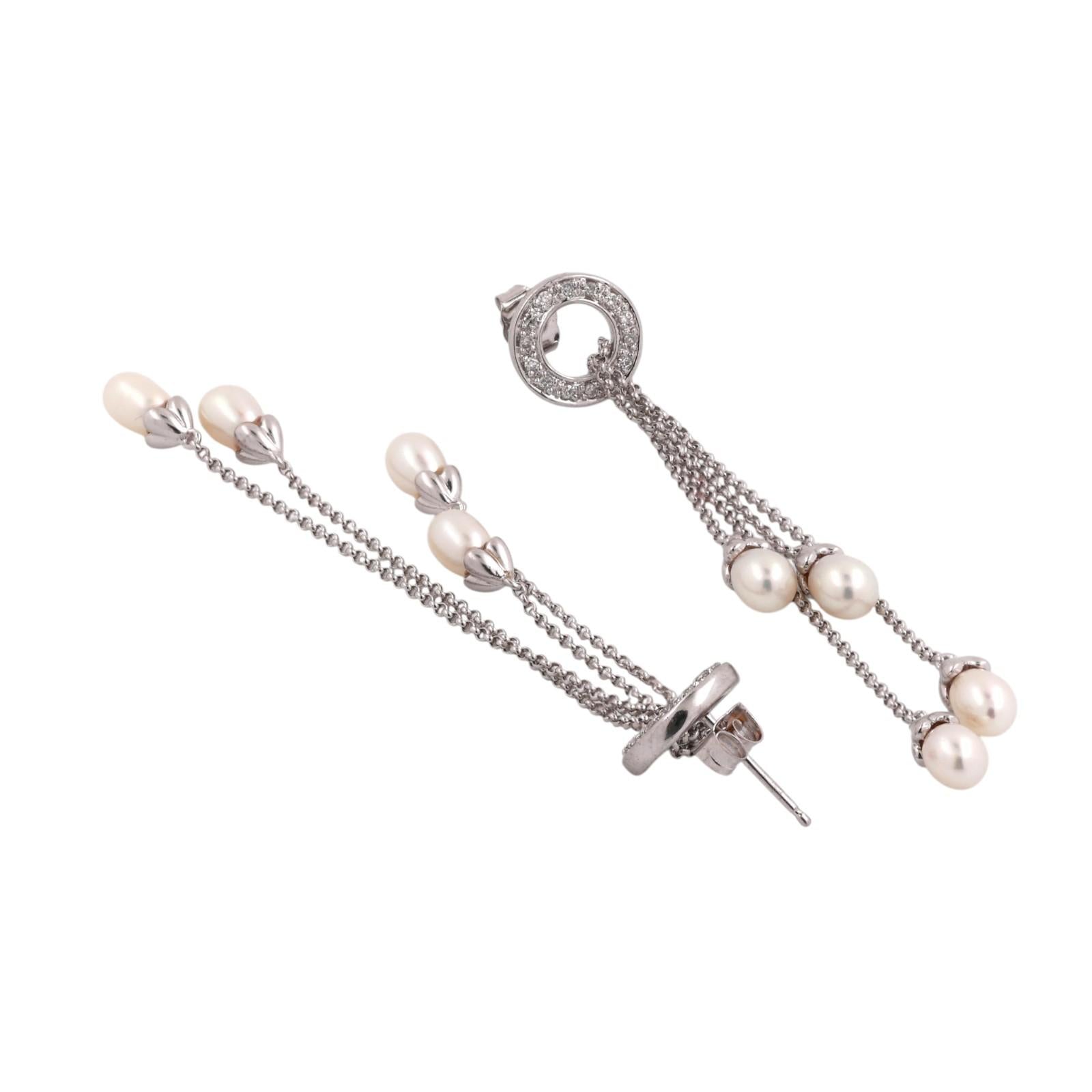 14K White Gold Diamond Circle Freshwater Pearl Multi-Strand Dangle Earrings