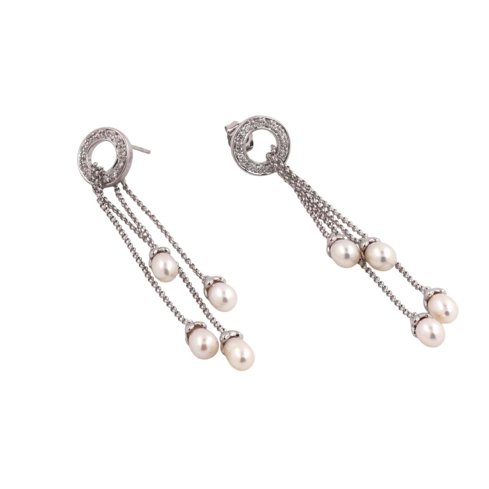 14K White Gold Diamond Circle Freshwater Pearl Multi-Strand Dangle Earrings