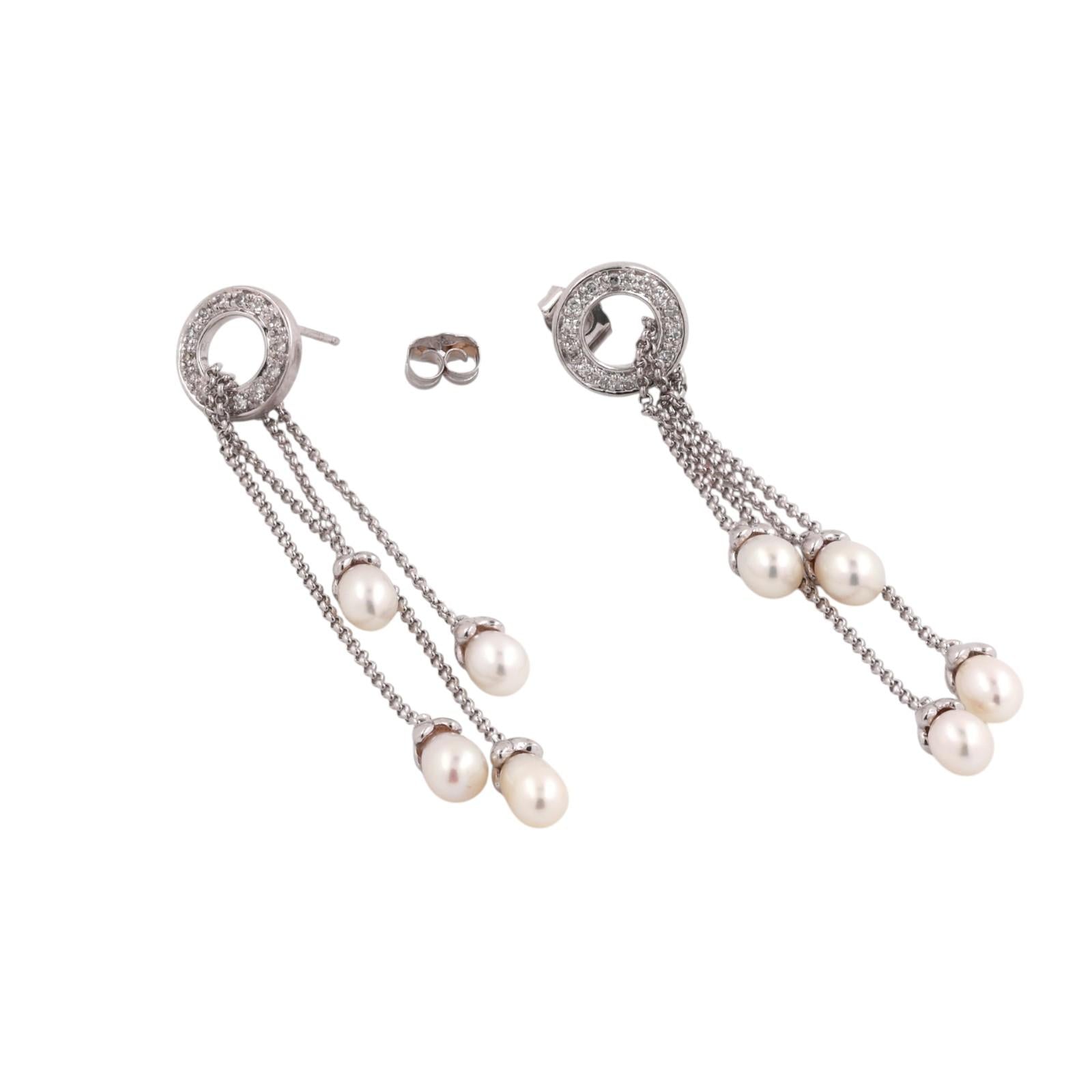 14K White Gold Diamond Circle Freshwater Pearl Multi-Strand Dangle Earrings