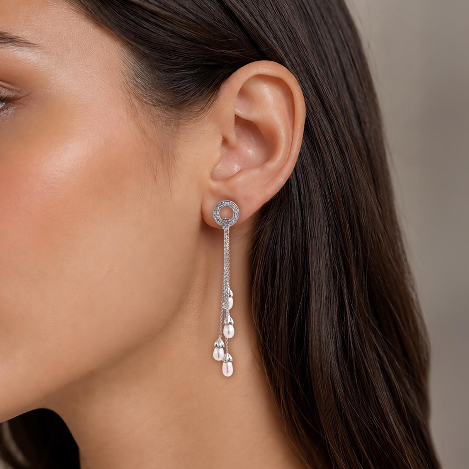14K White Gold Diamond Circle Freshwater Pearl Multi-Strand Dangle Earrings