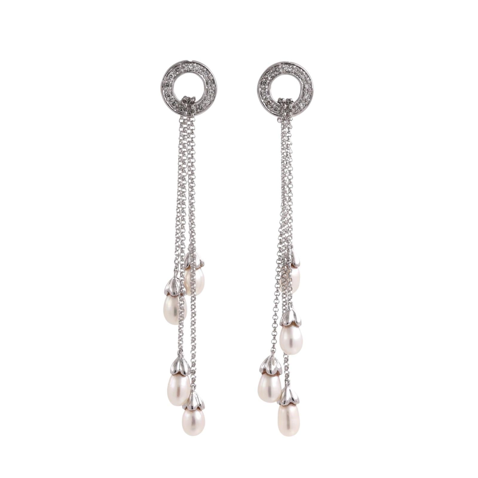 14K White Gold Diamond Circle Freshwater Pearl Multi-Strand Dangle Earrings