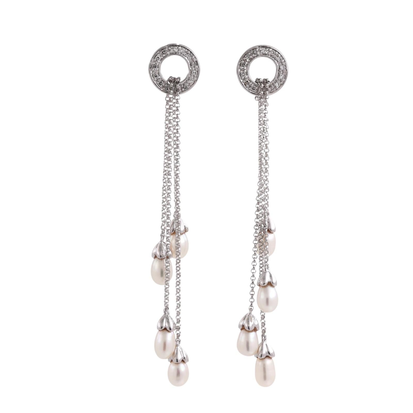 14K White Gold Diamond Circle Freshwater Pearl Multi-Strand Dangle Earrings