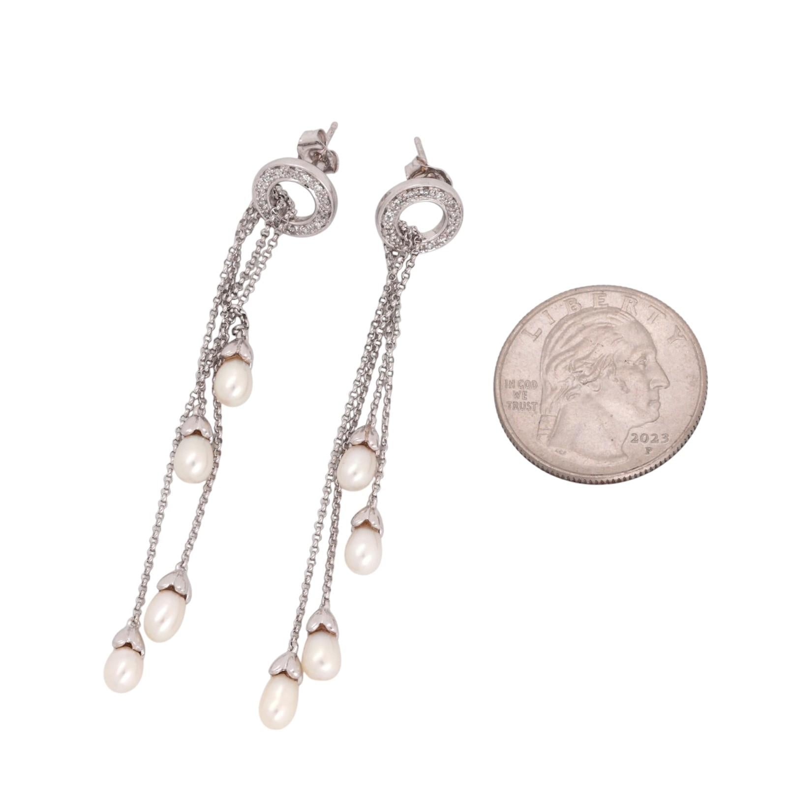 14K White Gold Diamond Circle Freshwater Pearl Multi-Strand Dangle Earrings