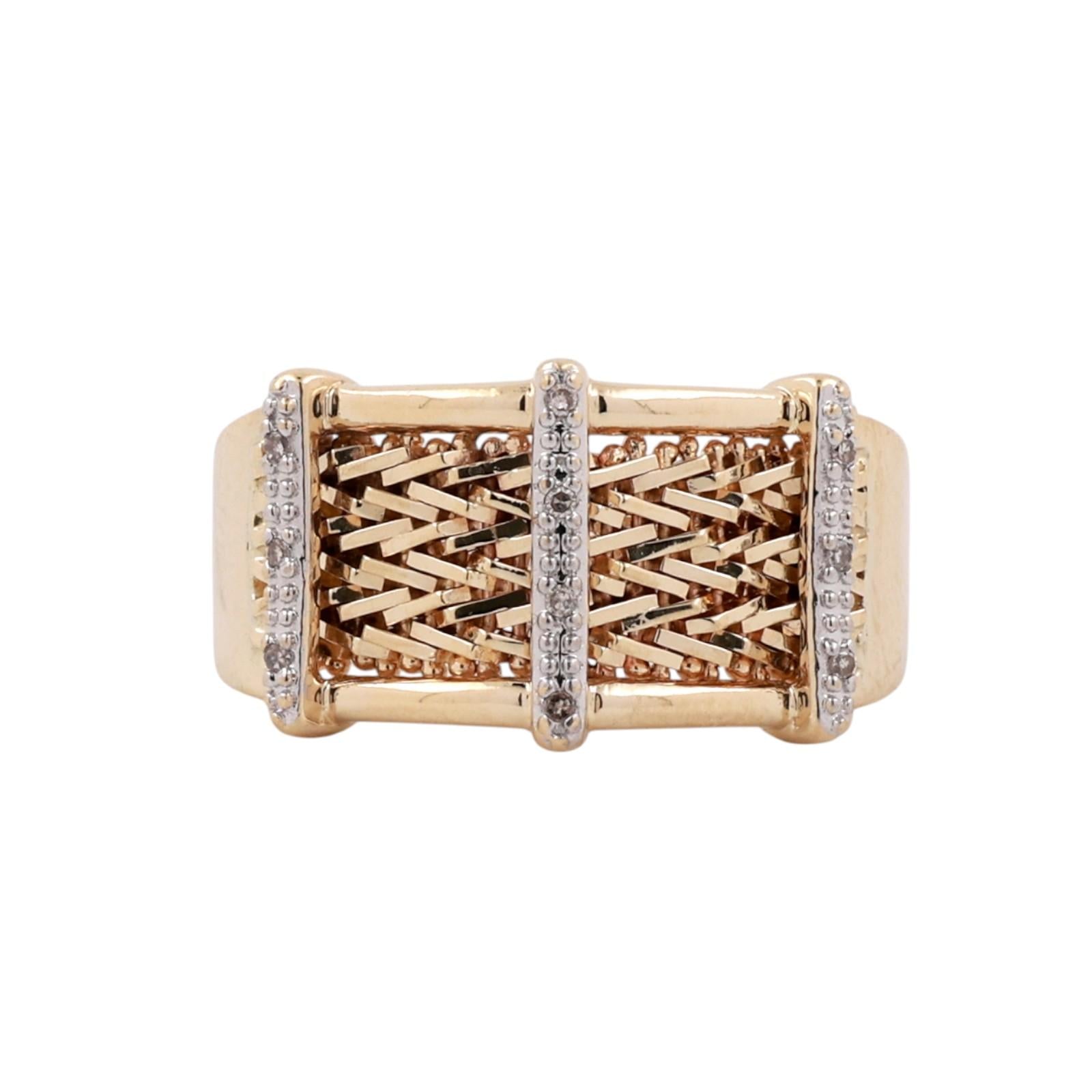 Estate 14K Two Tone Gold Natural Diamond Lattice Mesh Wide Band Ring Size 8.25