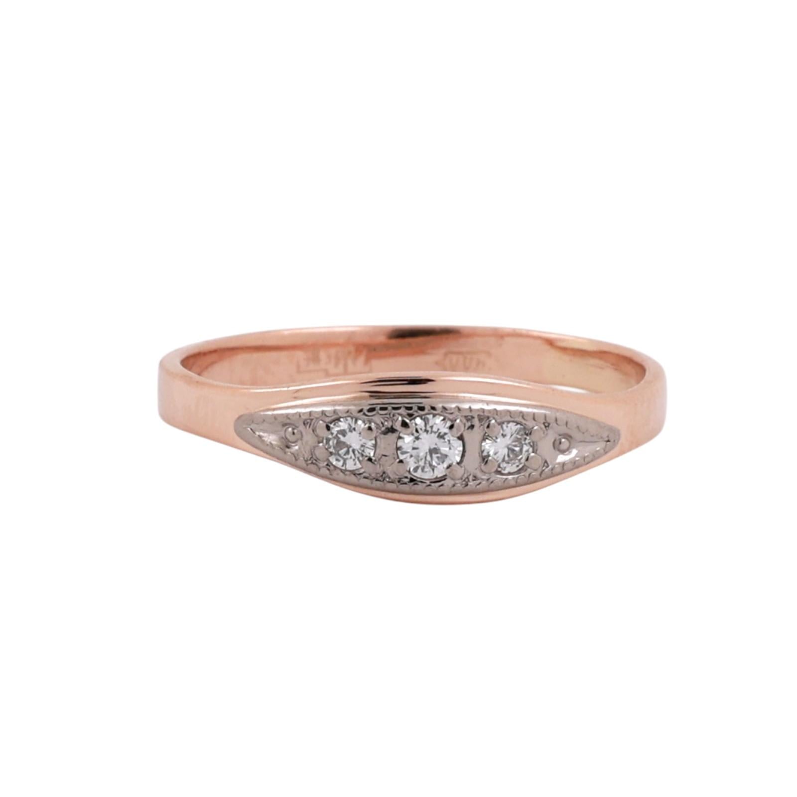 Diamond 3 Stone Ring 14K Two Tone Gold Rose White Vintage Style Size 5.5