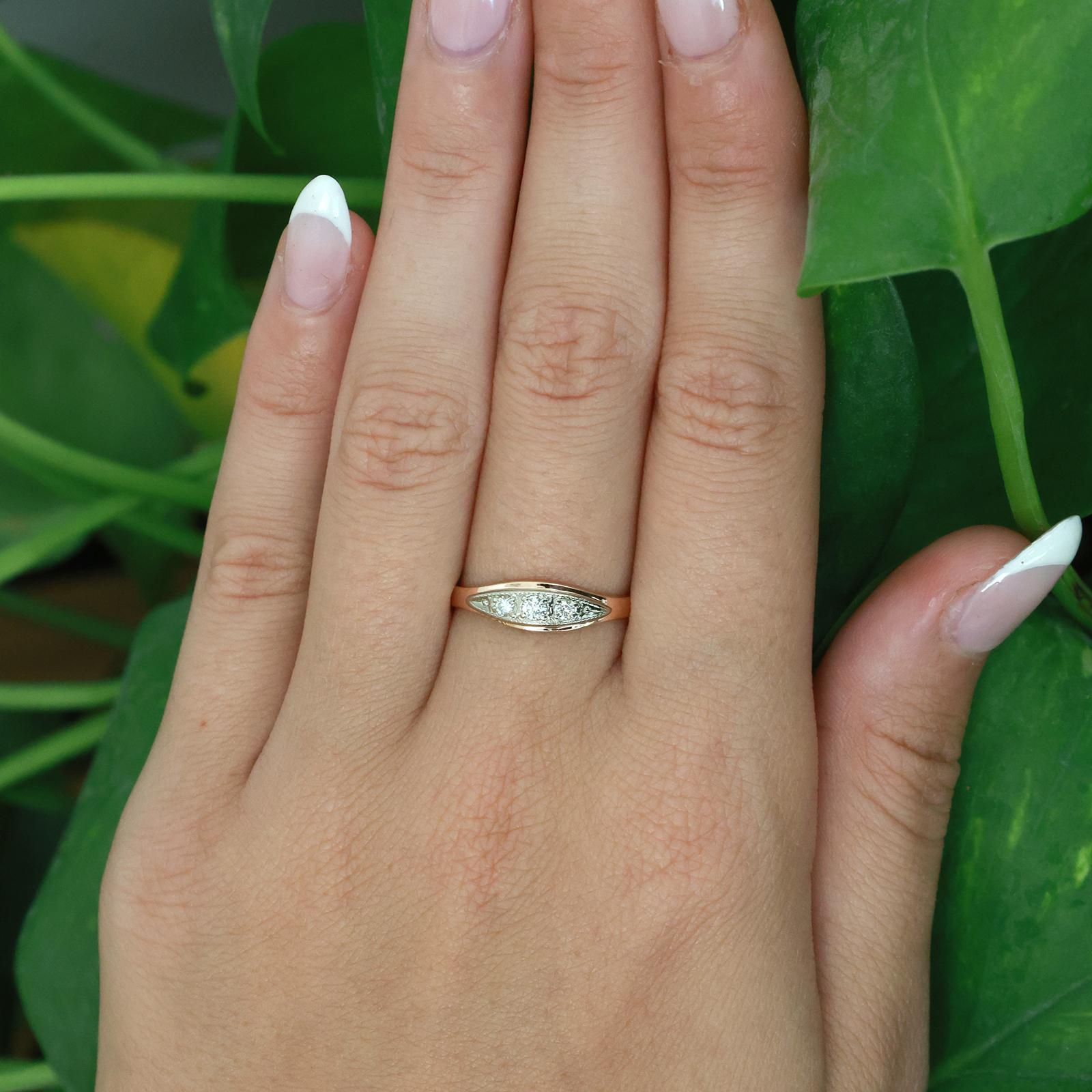 Diamond 3 Stone Ring 14K Two Tone Gold Rose White Vintage Style Size 5.5