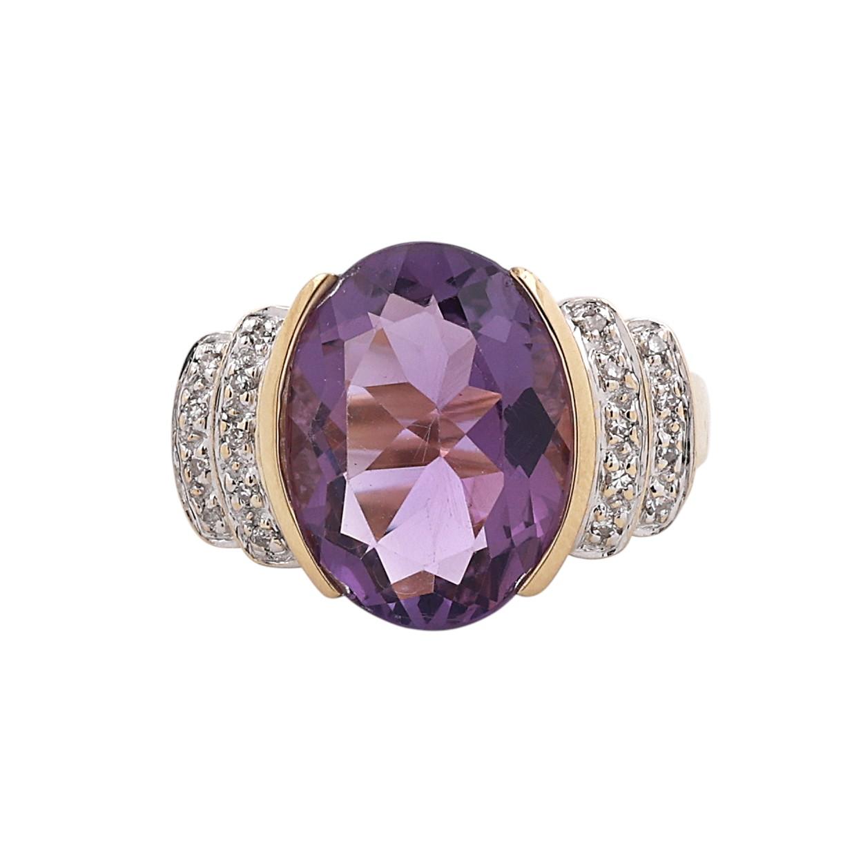 14K Two Tone Gold 8.85CTW Oval Amethyst Diamond Cocktail Statement Ring 8.75