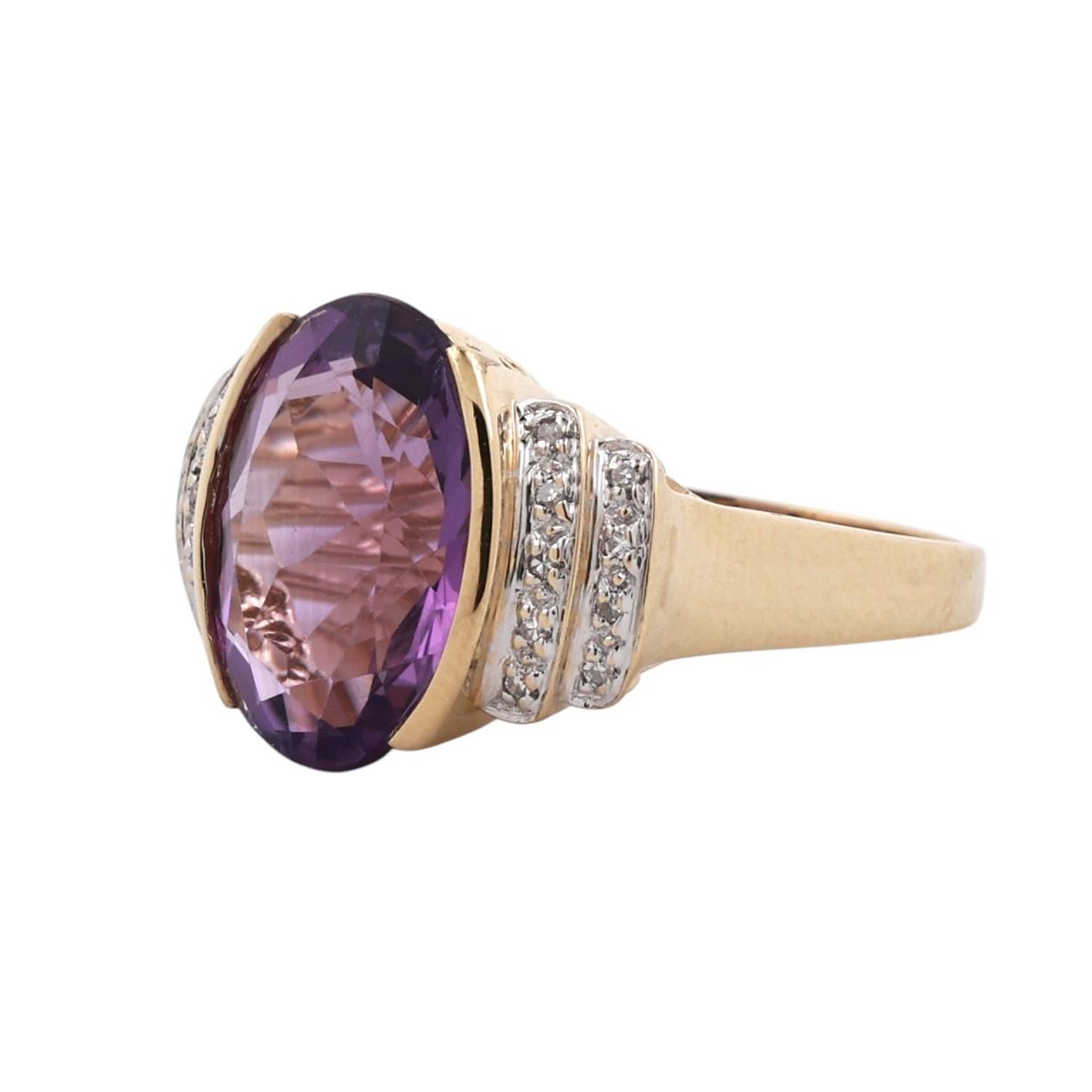 14K Two Tone Gold 8.85CTW Oval Amethyst Diamond Cocktail Statement Ring 8.75