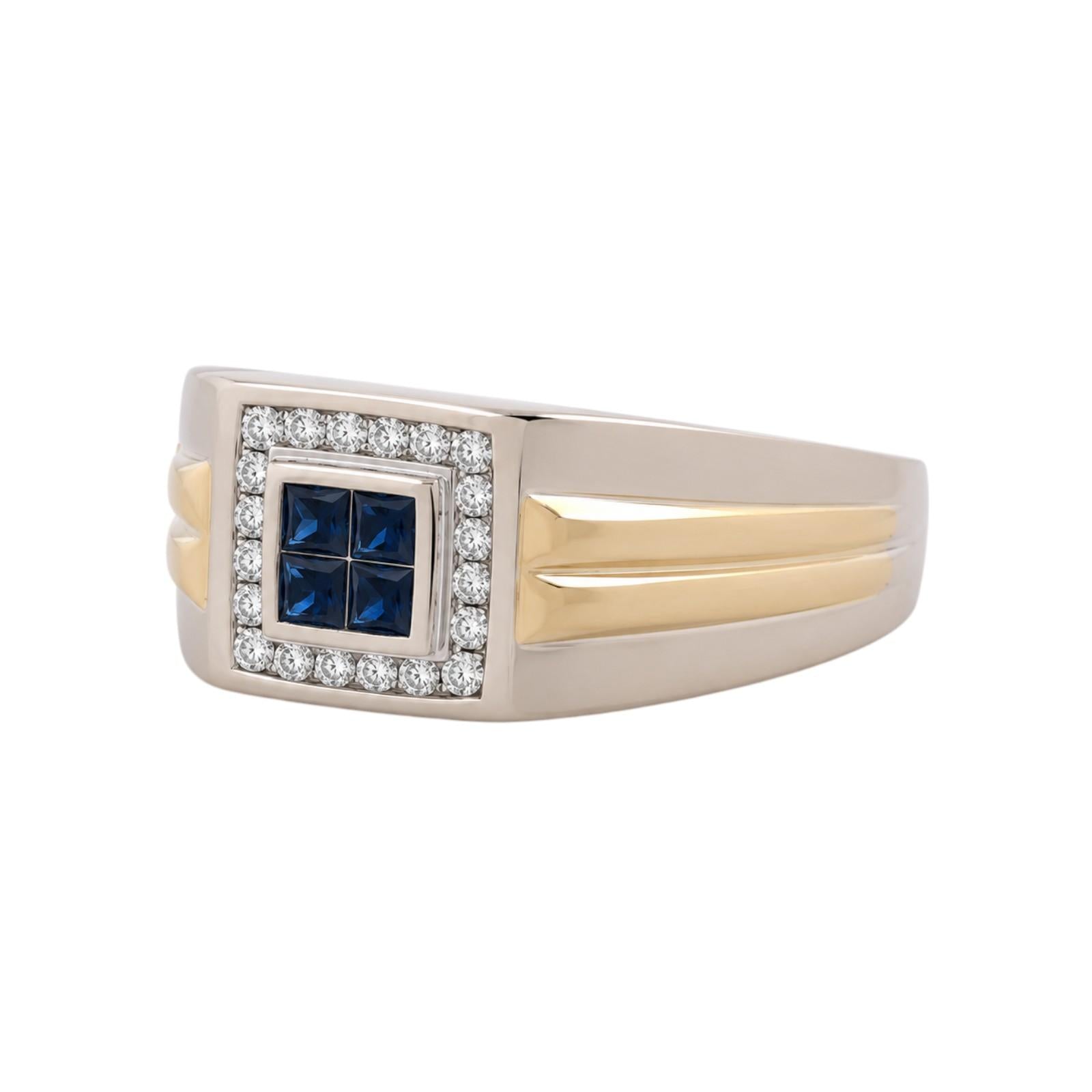 14K Two Tone Gold Sapphire Diamond Halo Men's Ring 0.46CTW Size 9.5 Estate