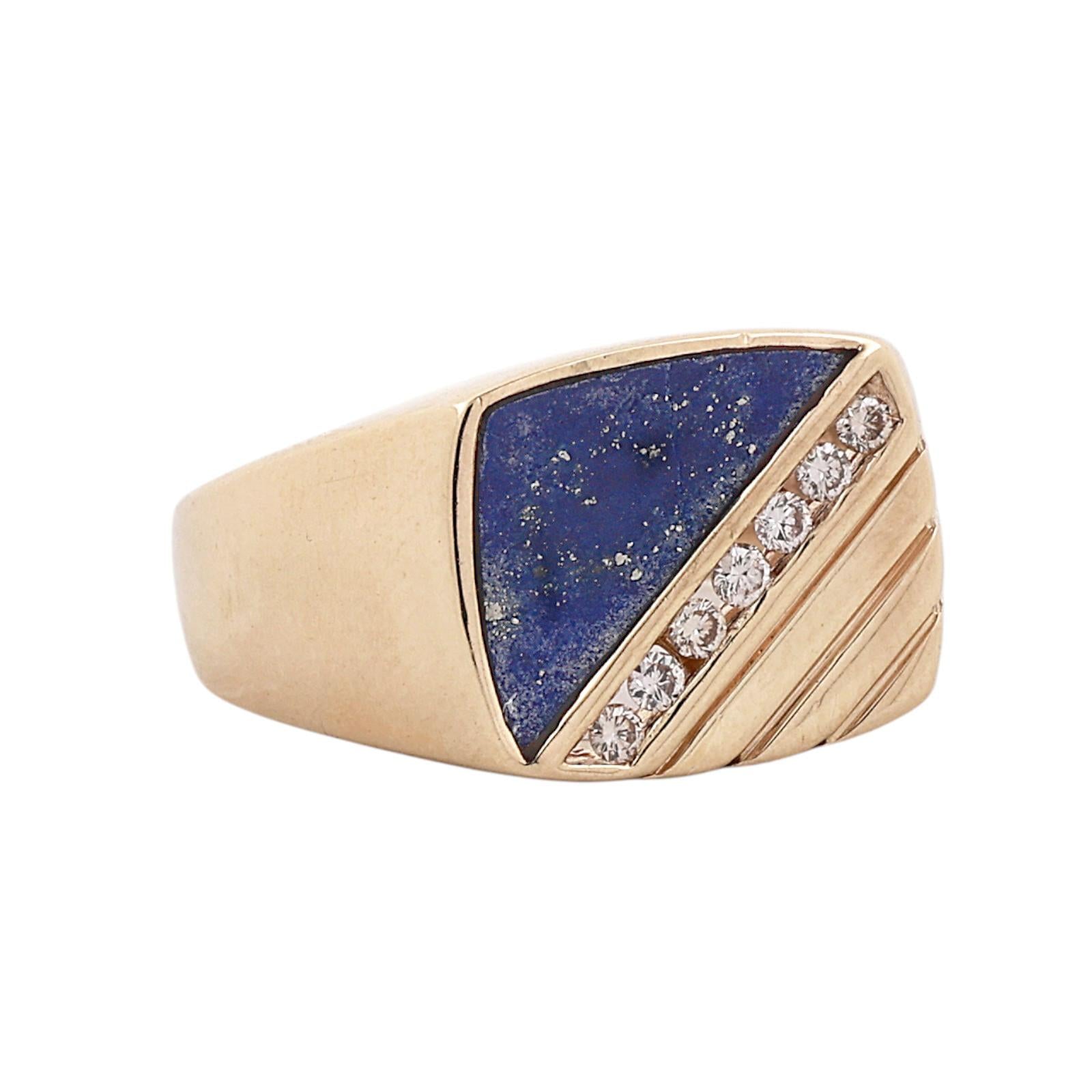 14K Yellow Gold Lapis Lazuli Diamond Signet Ring Men Geometric Size 8.75