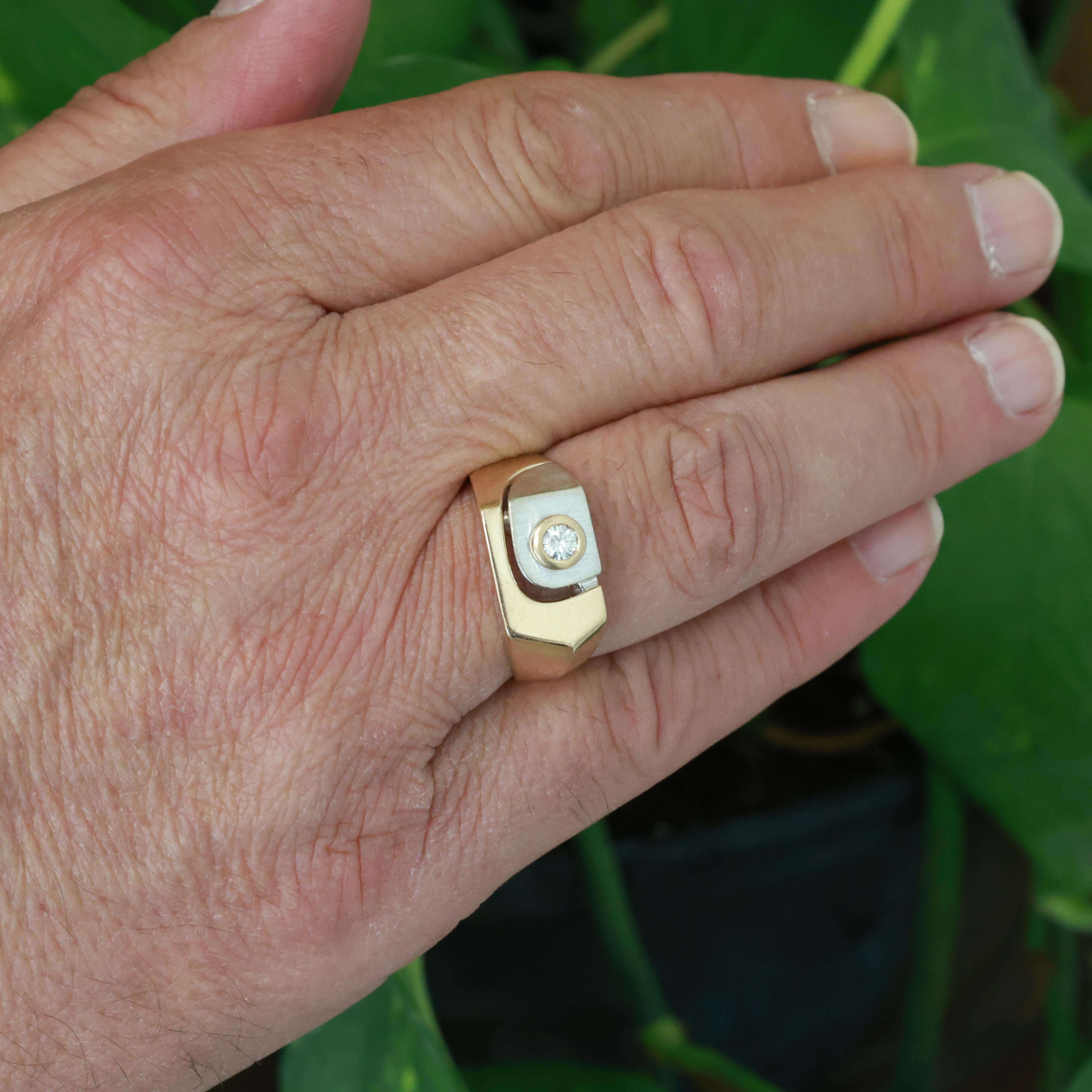 Vintage 14K Two Tone Gold Men's Diamond Signet Ring Bezel Set 0.15 CT Size 11