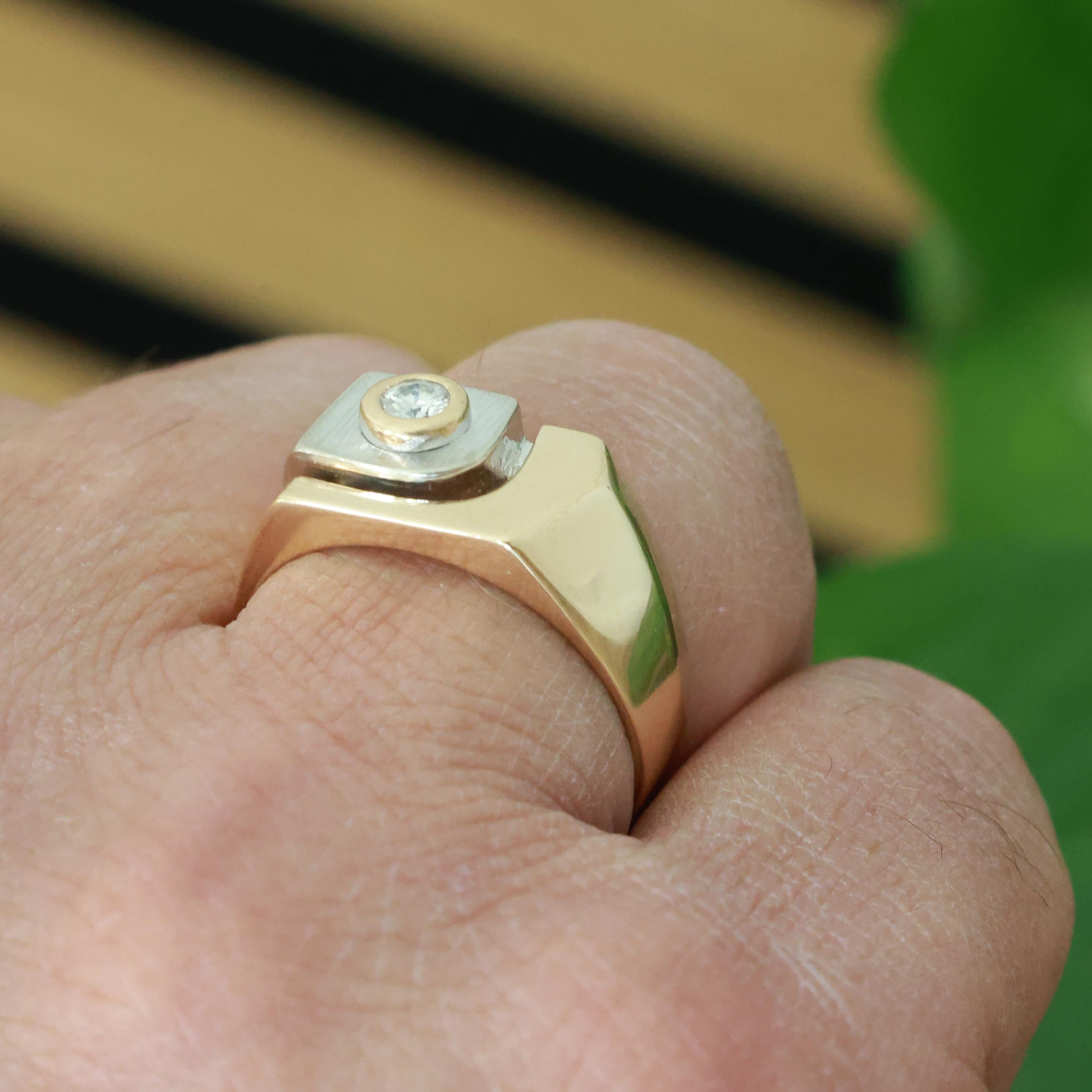 Vintage 14K Two Tone Gold Men's Diamond Signet Ring Bezel Set 0.15 CT Size 11