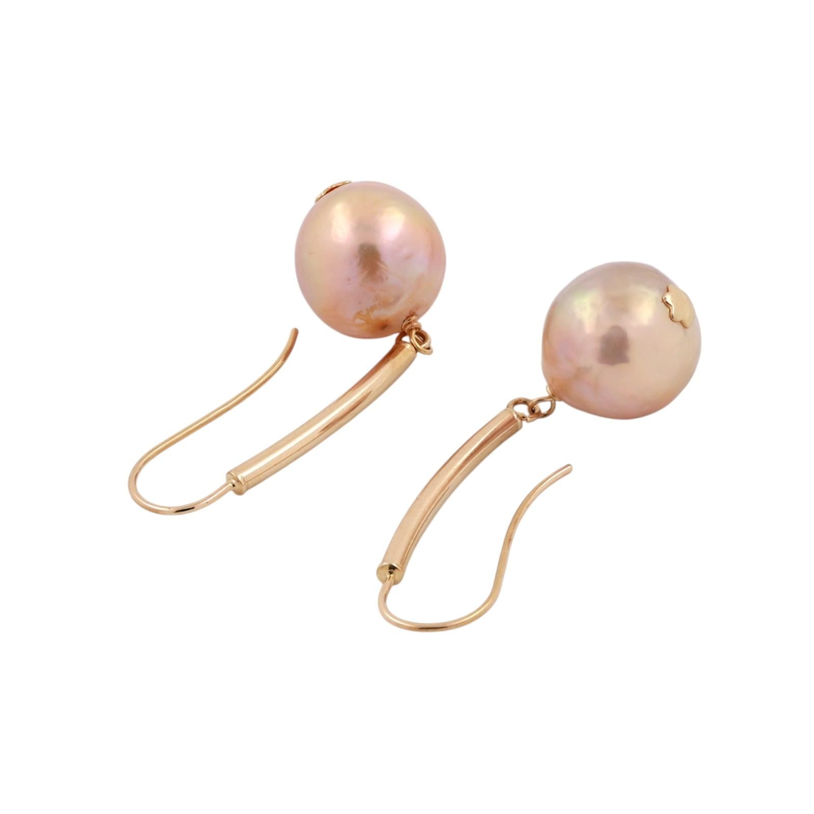 14K Yellow Gold Pink Baroque Cultured Pearl Bar Drop Dangle Earrings