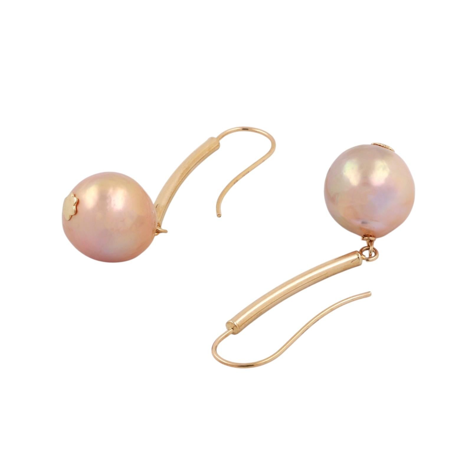 14K Yellow Gold Pink Baroque Cultured Pearl Bar Drop Dangle Earrings