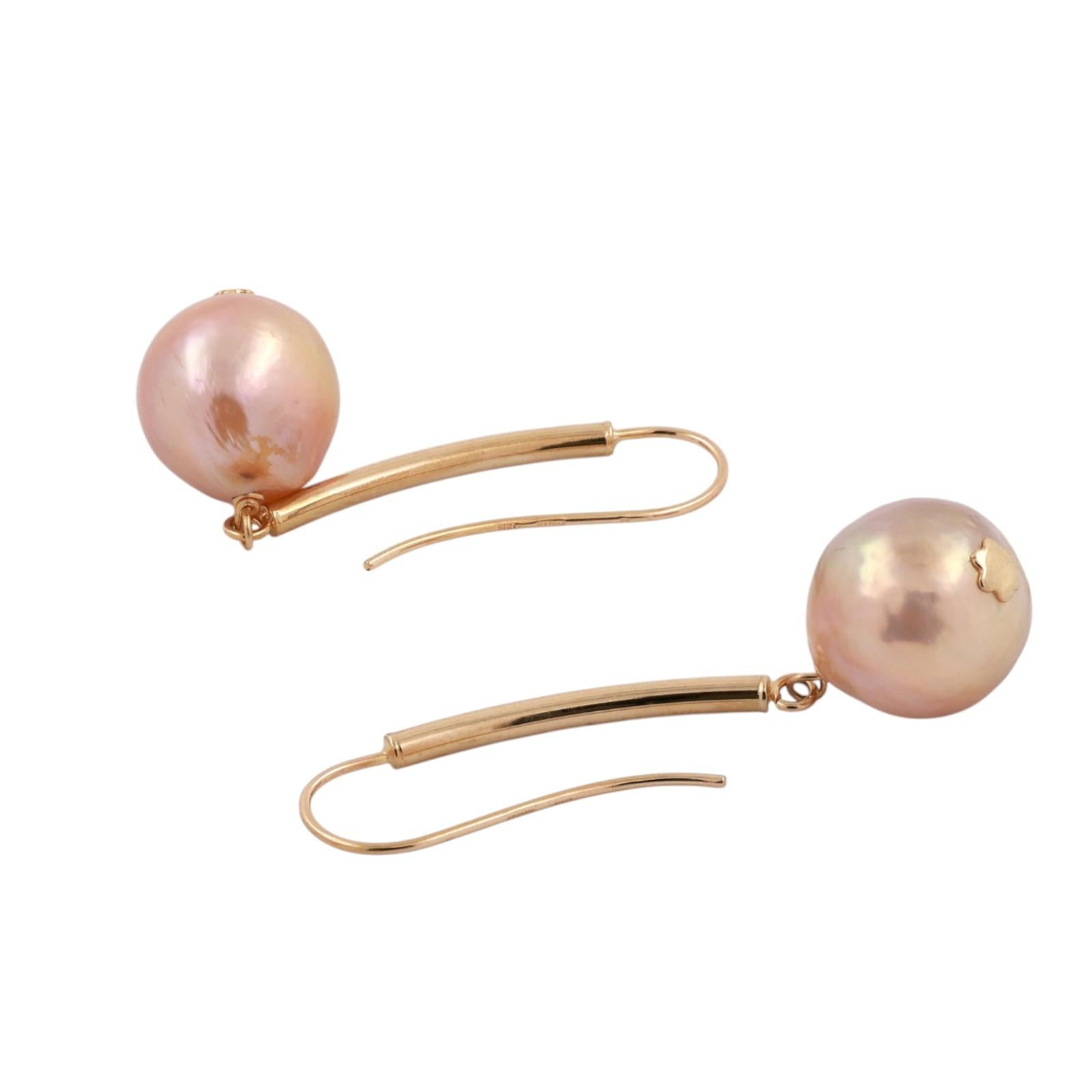 14K Yellow Gold Pink Baroque Cultured Pearl Bar Drop Dangle Earrings
