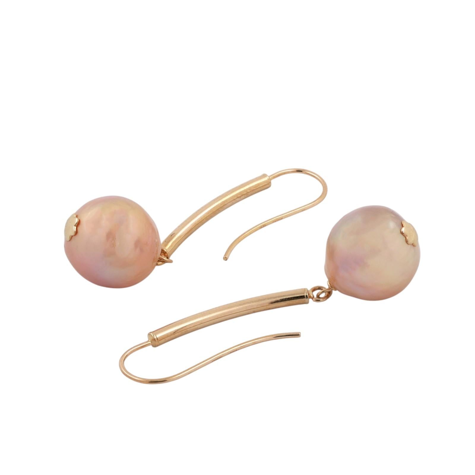 14K Yellow Gold Pink Baroque Cultured Pearl Bar Drop Dangle Earrings