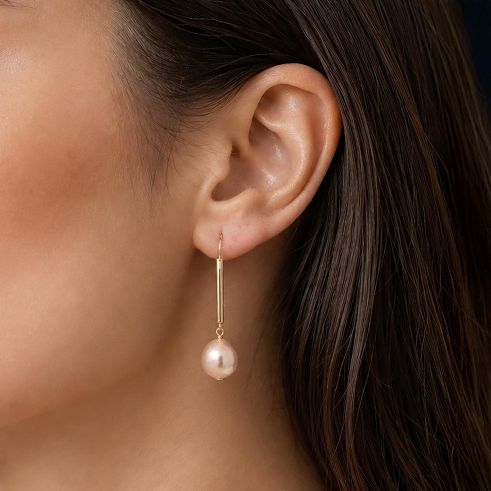 14K Yellow Gold Pink Baroque Cultured Pearl Bar Drop Dangle Earrings