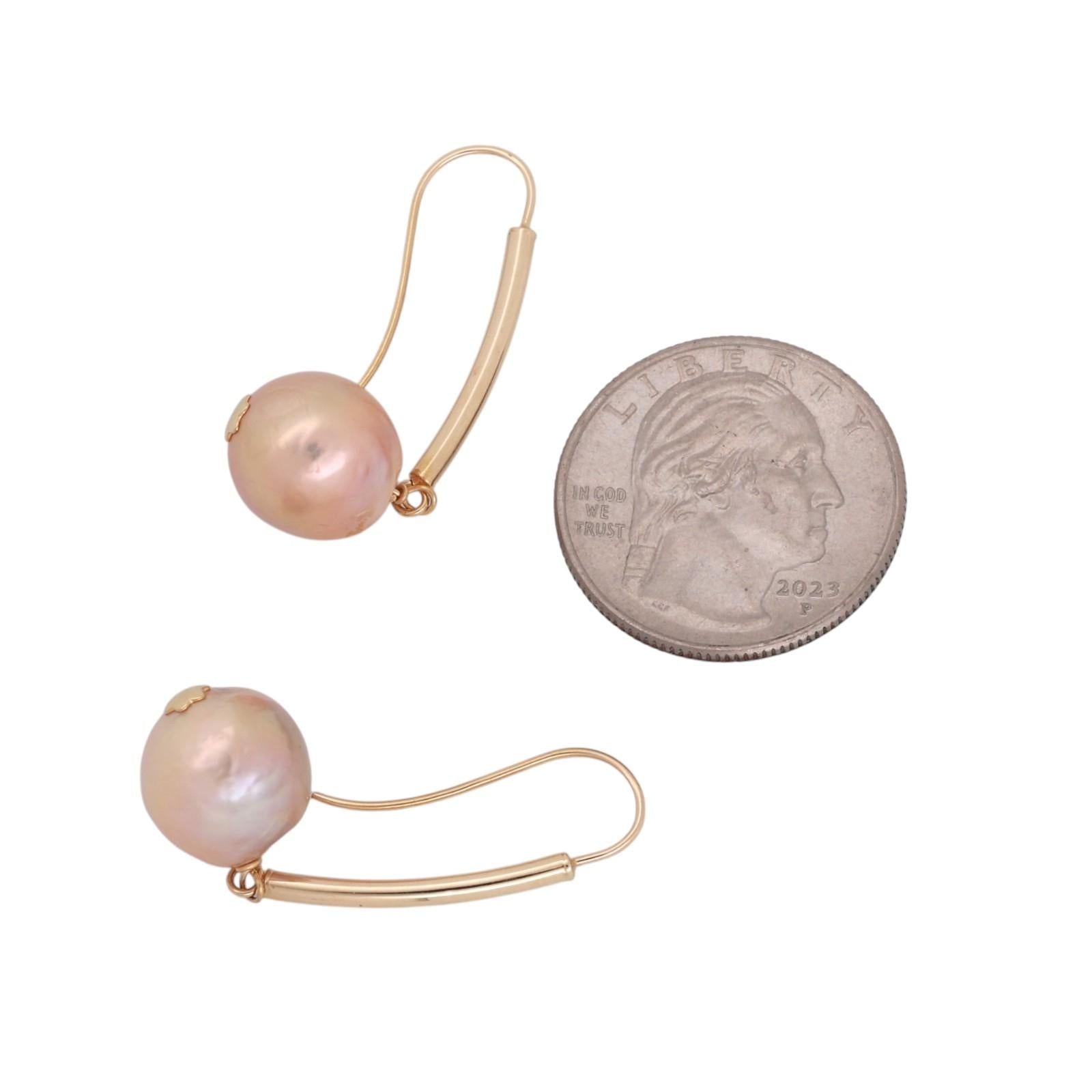14K Yellow Gold Pink Baroque Cultured Pearl Bar Drop Dangle Earrings