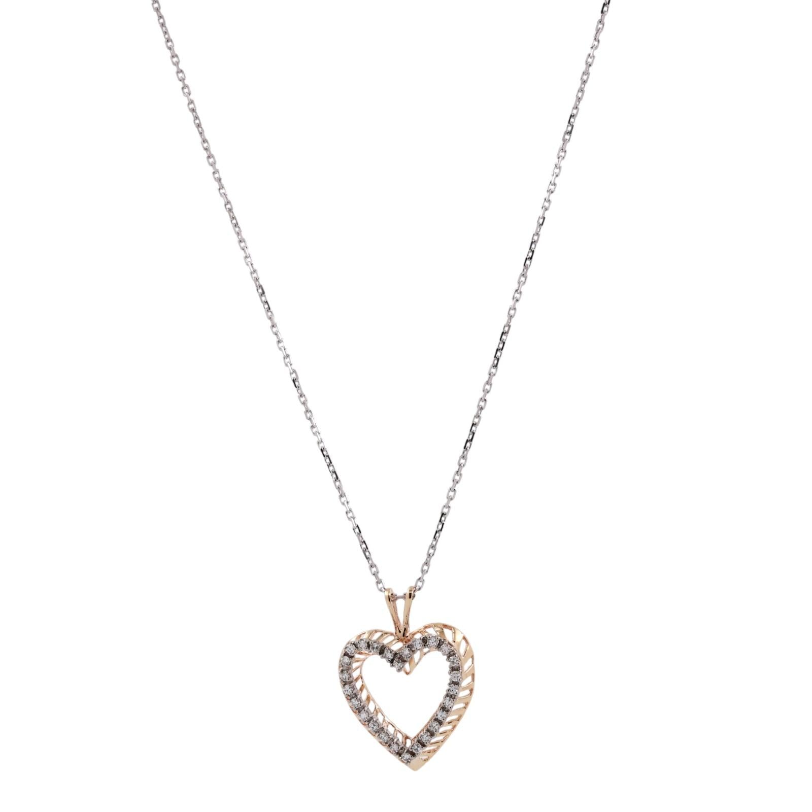 14K Two Tone Gold Diamond Heart Pendant Necklace 0.65CTW Italy 18" Chain