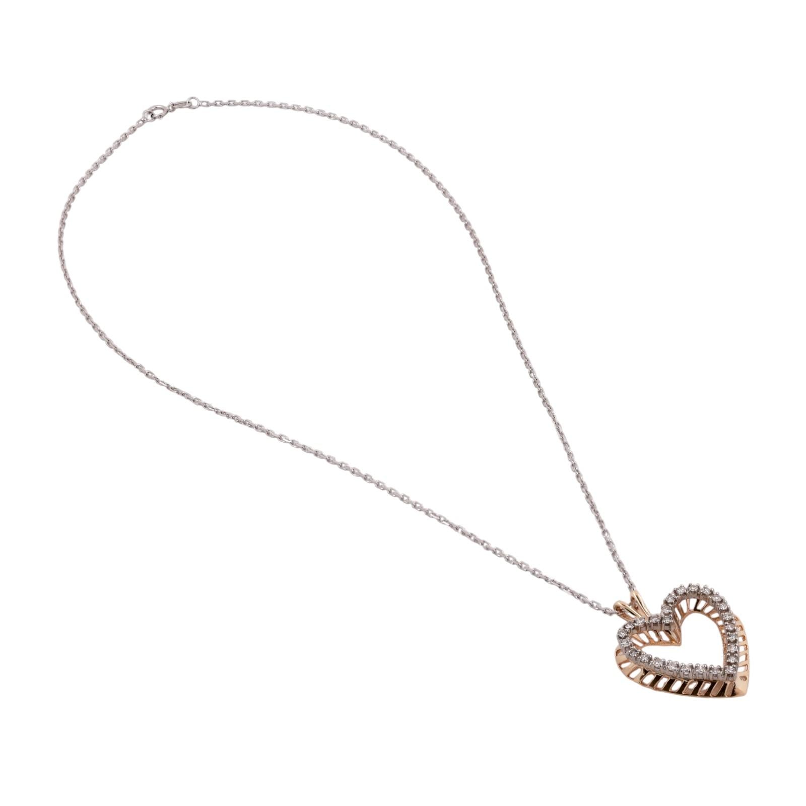 14K Two Tone Gold Diamond Heart Pendant Necklace 0.65CTW Italy 18" Chain