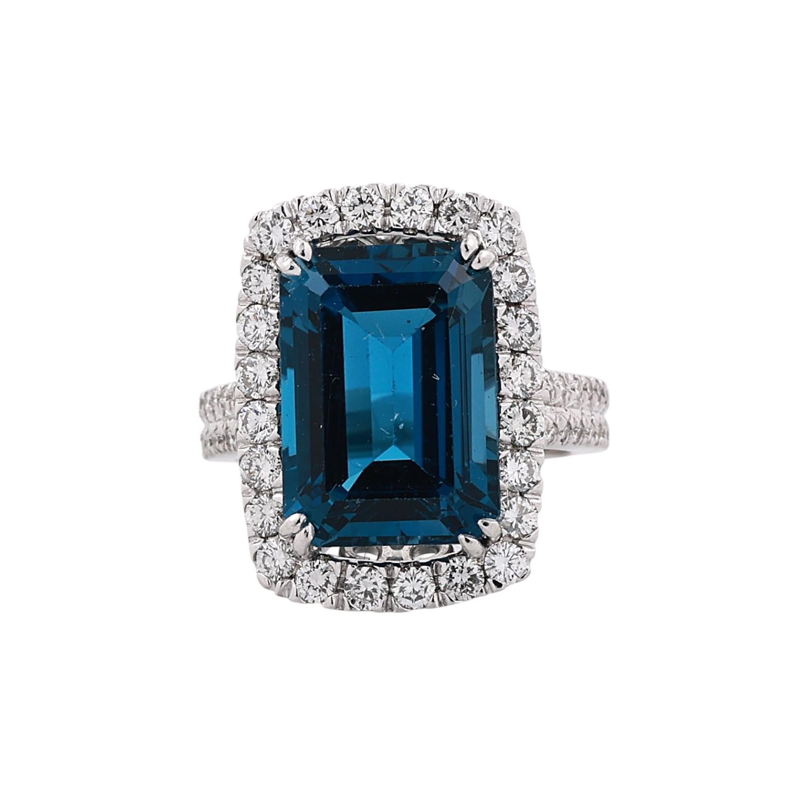 18K White Gold 8.50CT Emerald Cut Blue Topaz Diamond Halo Ring 9.55CTW SIze 5