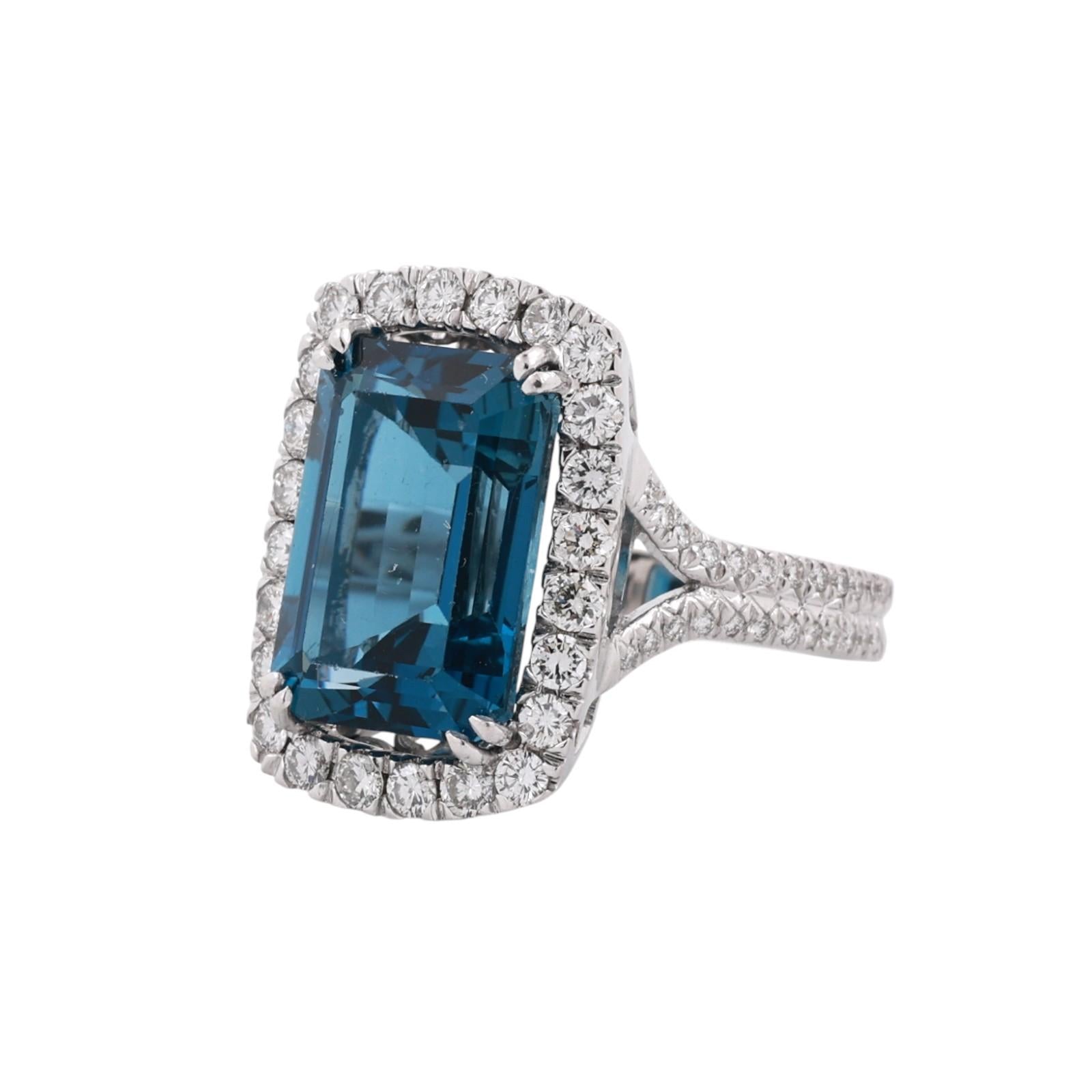 18K White Gold 8.50CT Emerald Cut Blue Topaz Diamond Halo Ring 9.55CTW SIze 5