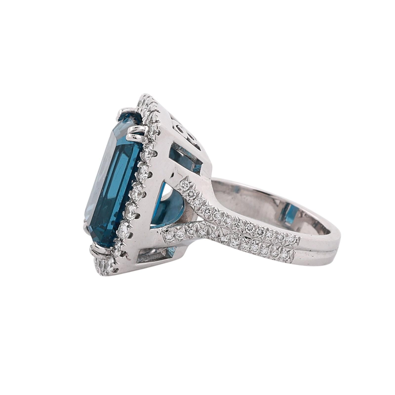 18K White Gold 8.50CT Emerald Cut Blue Topaz Diamond Halo Ring 9.55CTW SIze 5