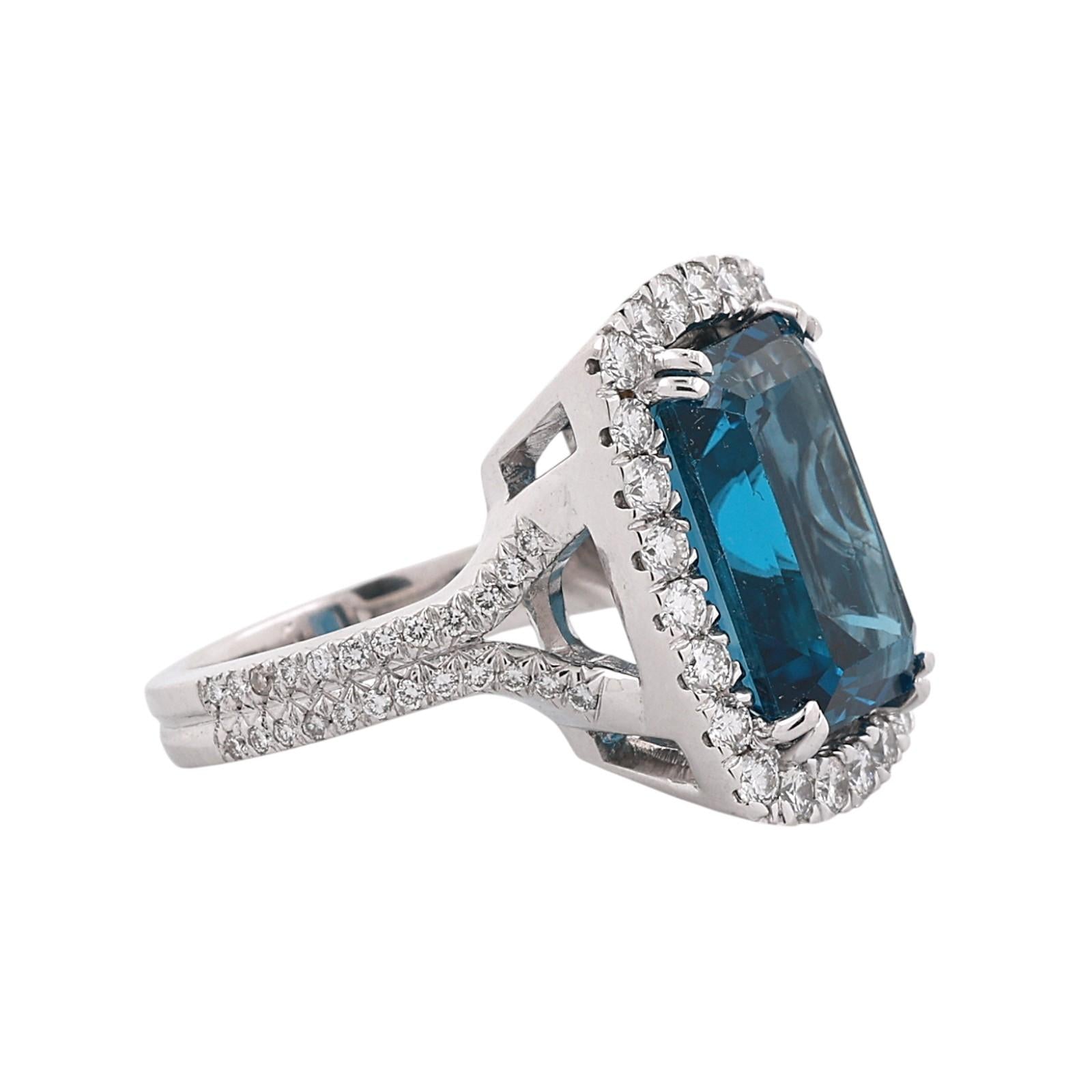 18K White Gold 8.50CT Emerald Cut Blue Topaz Diamond Halo Ring 9.55CTW SIze 5