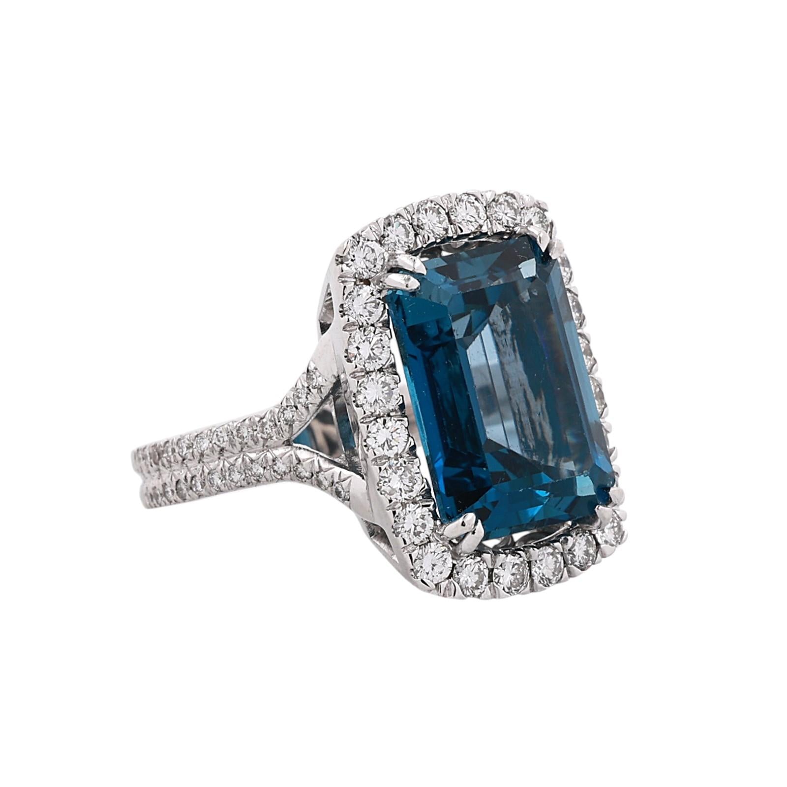 18K White Gold 8.50CT Emerald Cut Blue Topaz Diamond Halo Ring 9.55CTW SIze 5