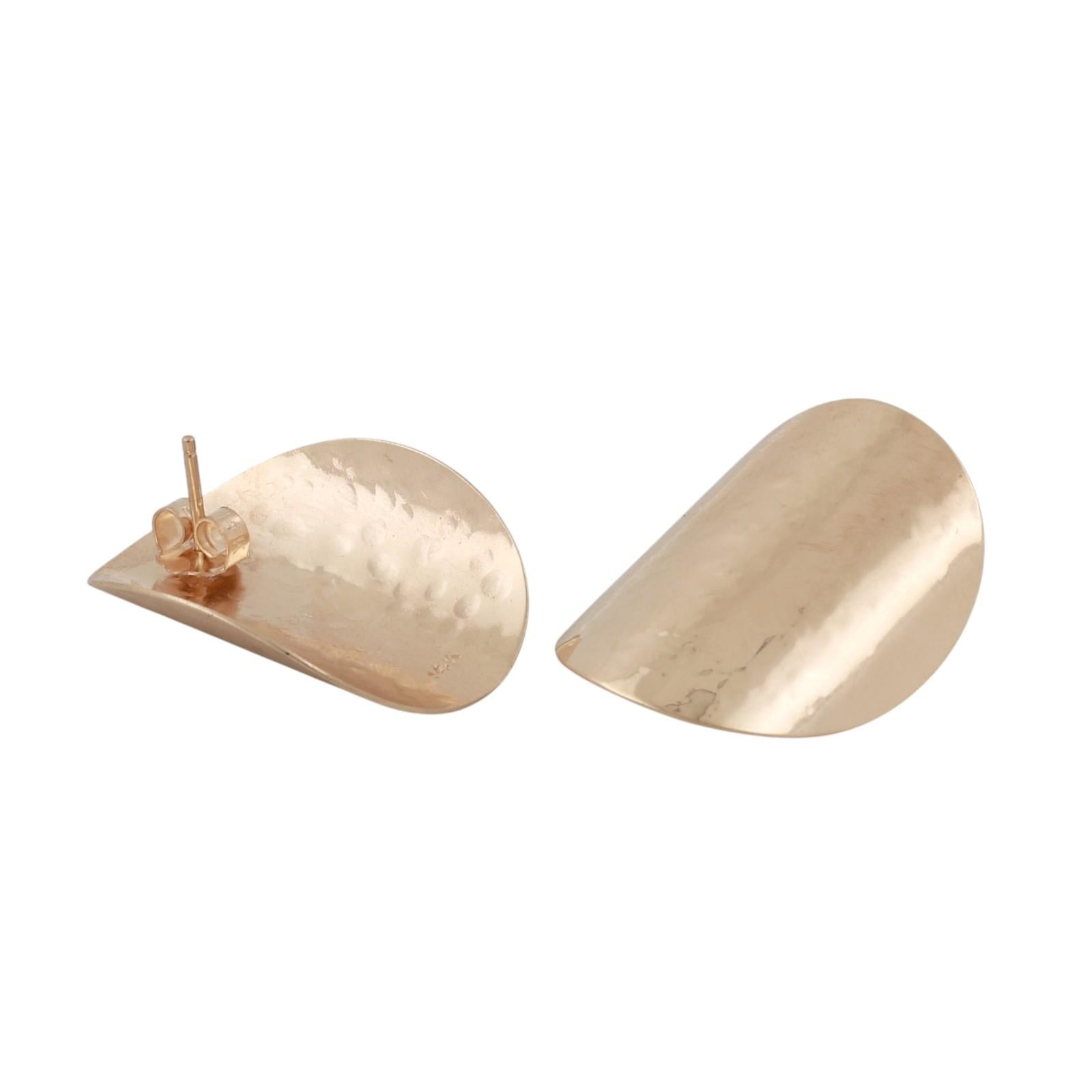 Vintage 14K Yellow Gold Hammered Textured Oval Disc Statement Stud Earrings