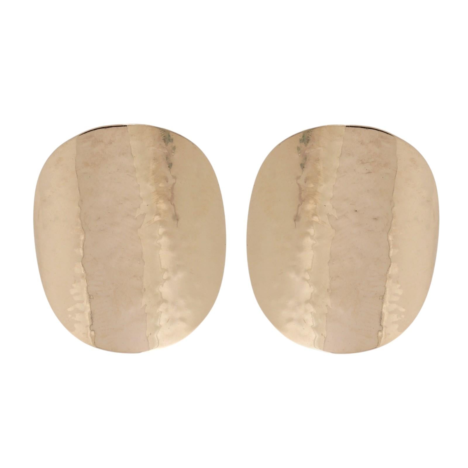 Vintage 14K Yellow Gold Hammered Textured Oval Disc Statement Stud Earrings