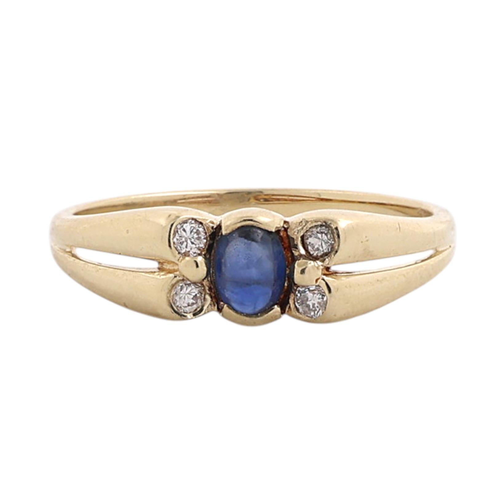 14K Yellow Gold Natural Blue Sapphire Diamond Ring Oval Cabochon Size 6