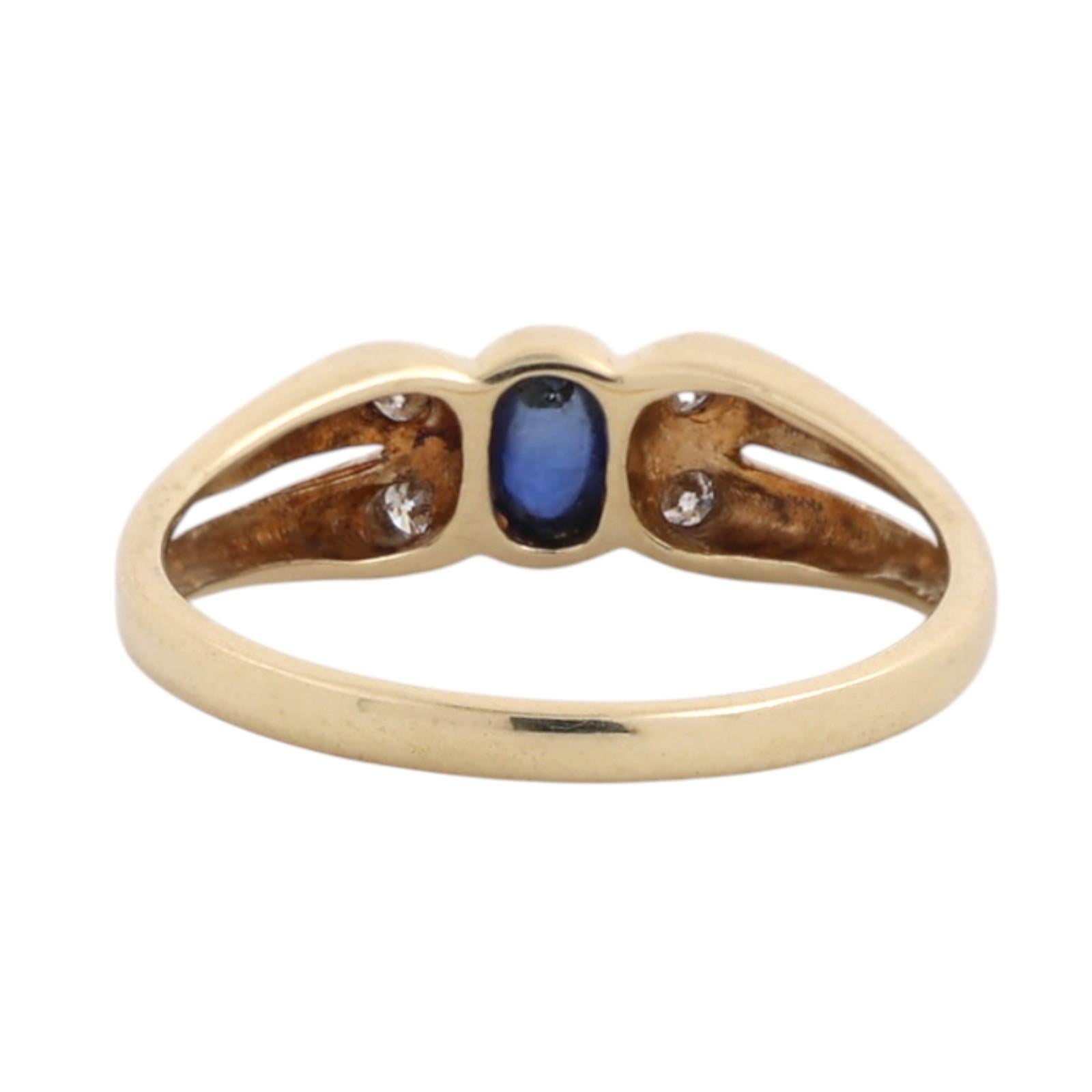14K Yellow Gold Natural Blue Sapphire Diamond Ring Oval Cabochon Size 6