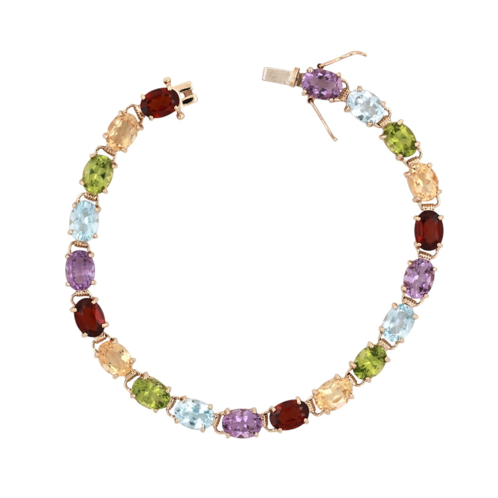14K Gold Multi Gemstone Tennis Bracelet Citrine Garnet Amethyst Topaz Peridot 7"