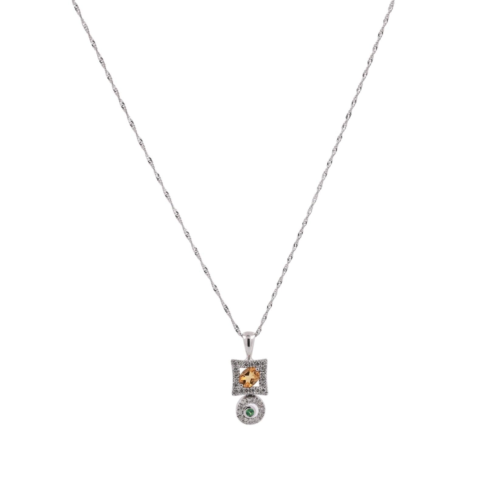 14K White Gold Citrine Diamond Halo Pendant Necklace Emerald Accent 0.61CTW