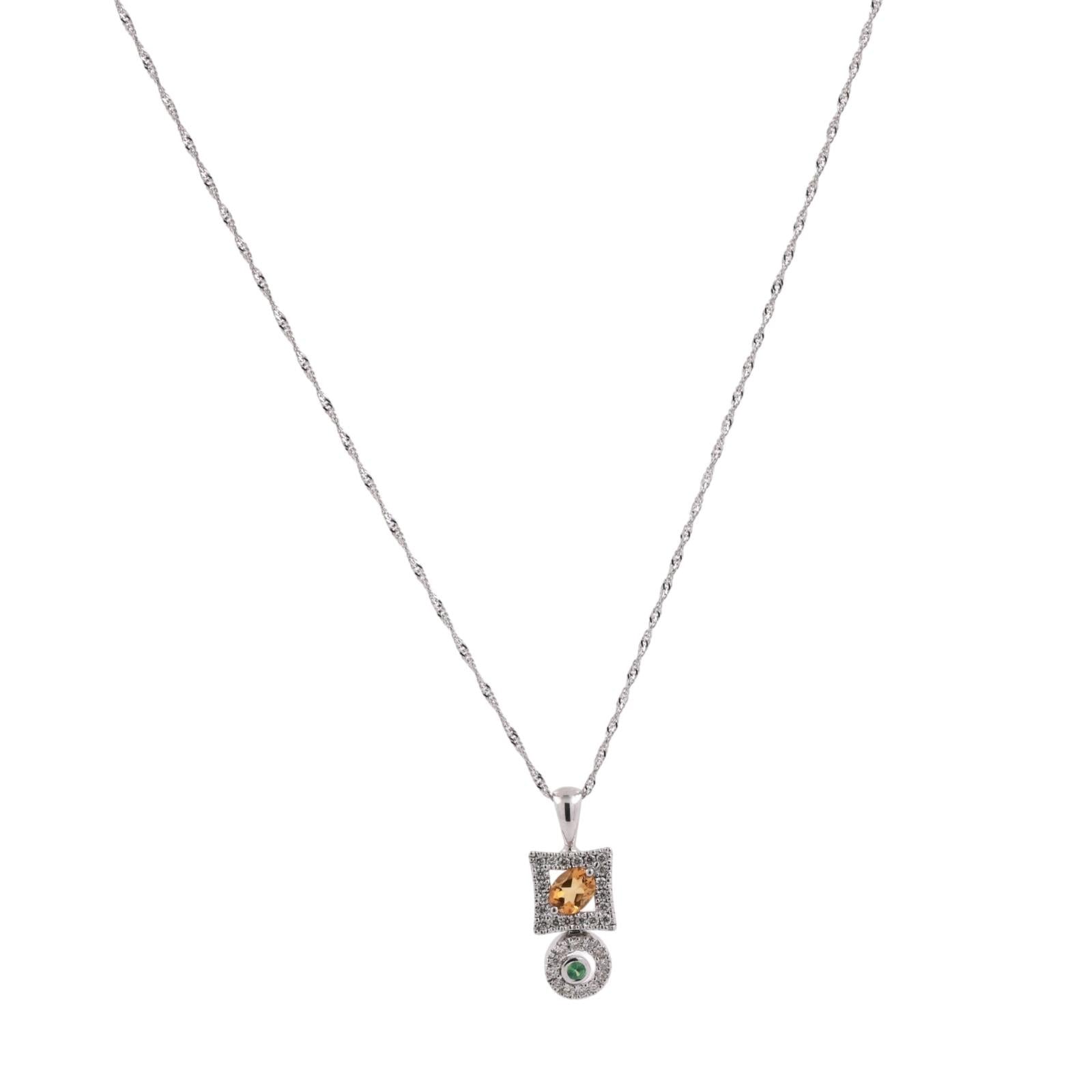 14K White Gold Citrine Diamond Halo Pendant Necklace Emerald Accent 0.61CTW