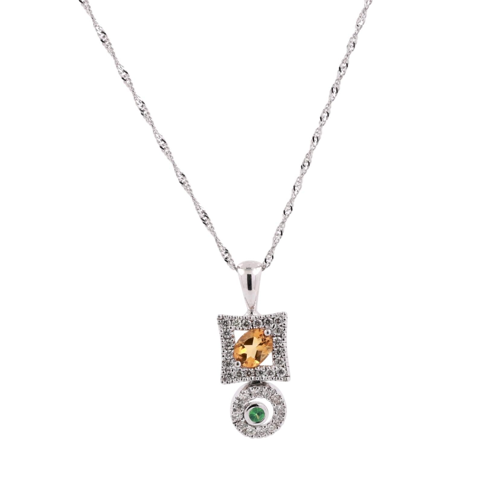 14K White Gold Citrine Diamond Halo Pendant Necklace Emerald Accent 0.61CTW