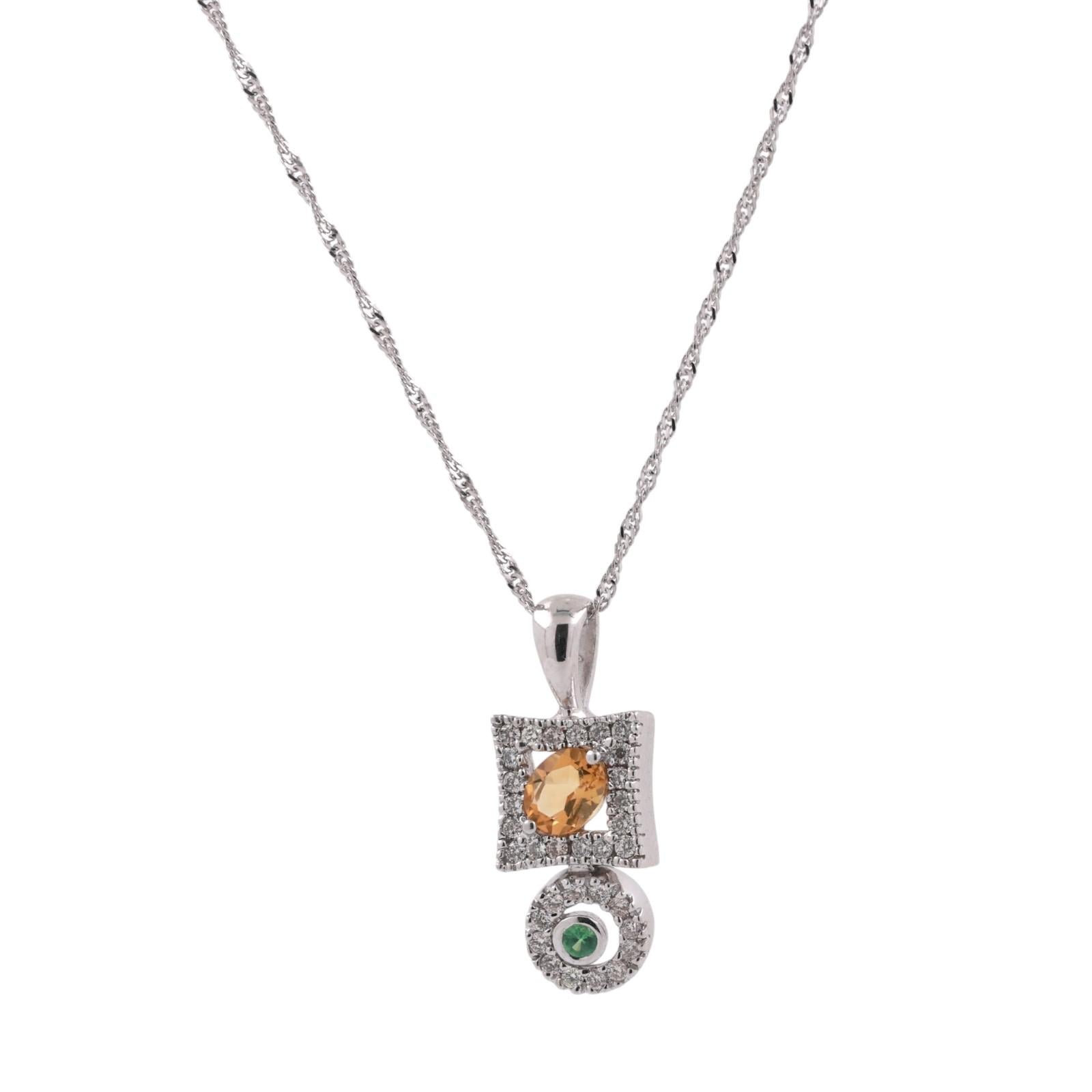 14K White Gold Citrine Diamond Halo Pendant Necklace Emerald Accent 0.61CTW