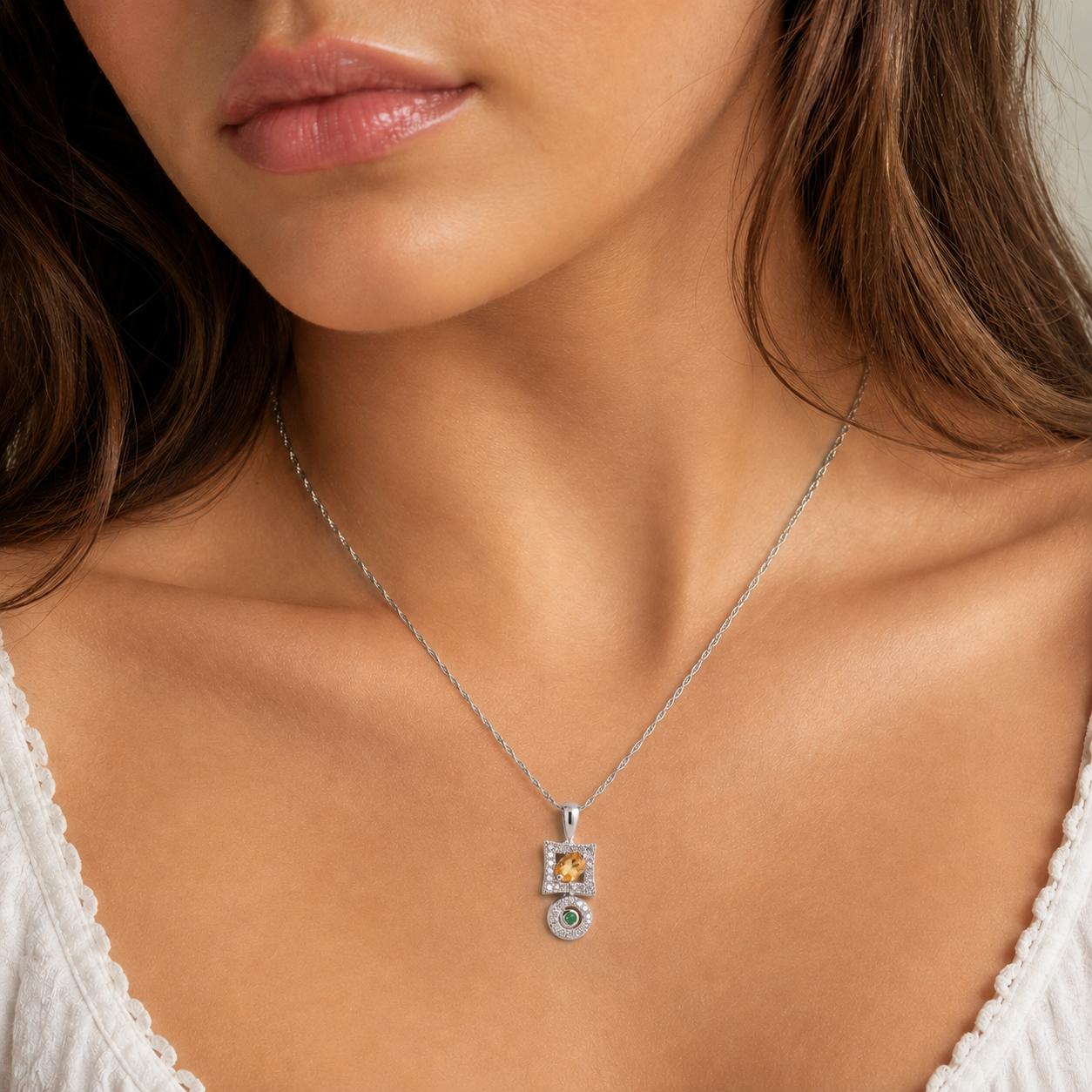 14K White Gold Citrine Diamond Halo Pendant Necklace Emerald Accent 0.61CTW