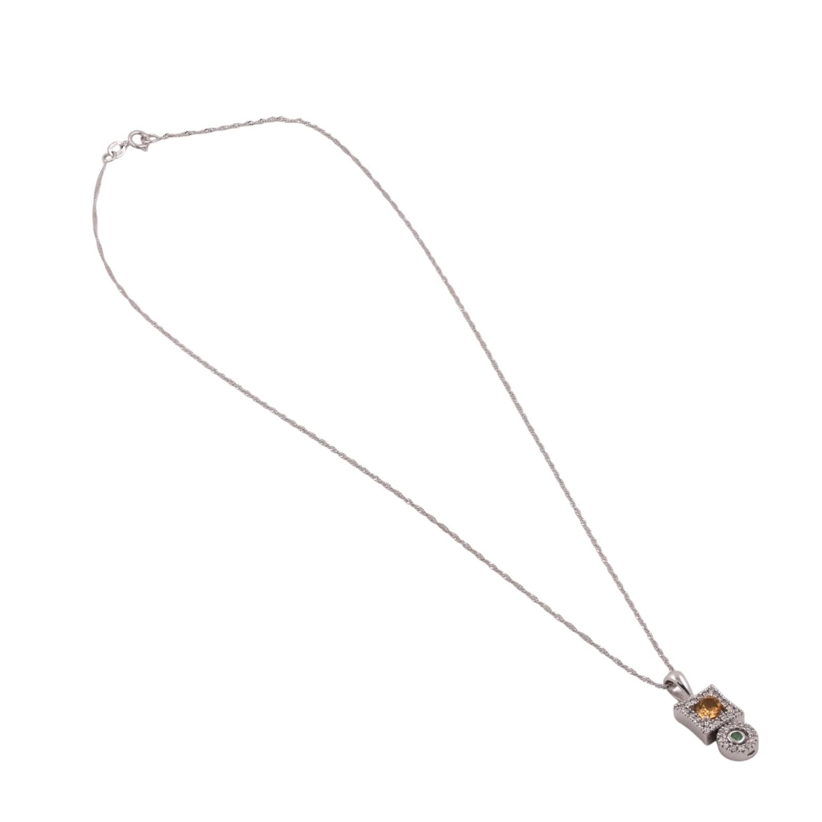 14K White Gold Citrine Diamond Halo Pendant Necklace Emerald Accent 0.61CTW
